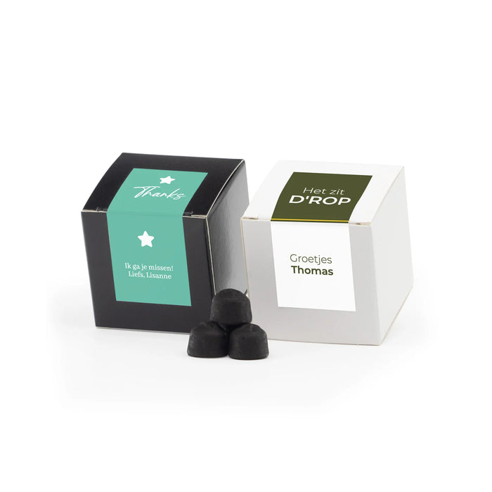 Kubusdoosje met eigen etiket - Afscheid Collega's Kubusdoosje met eigen etiket - Afscheid Collega's