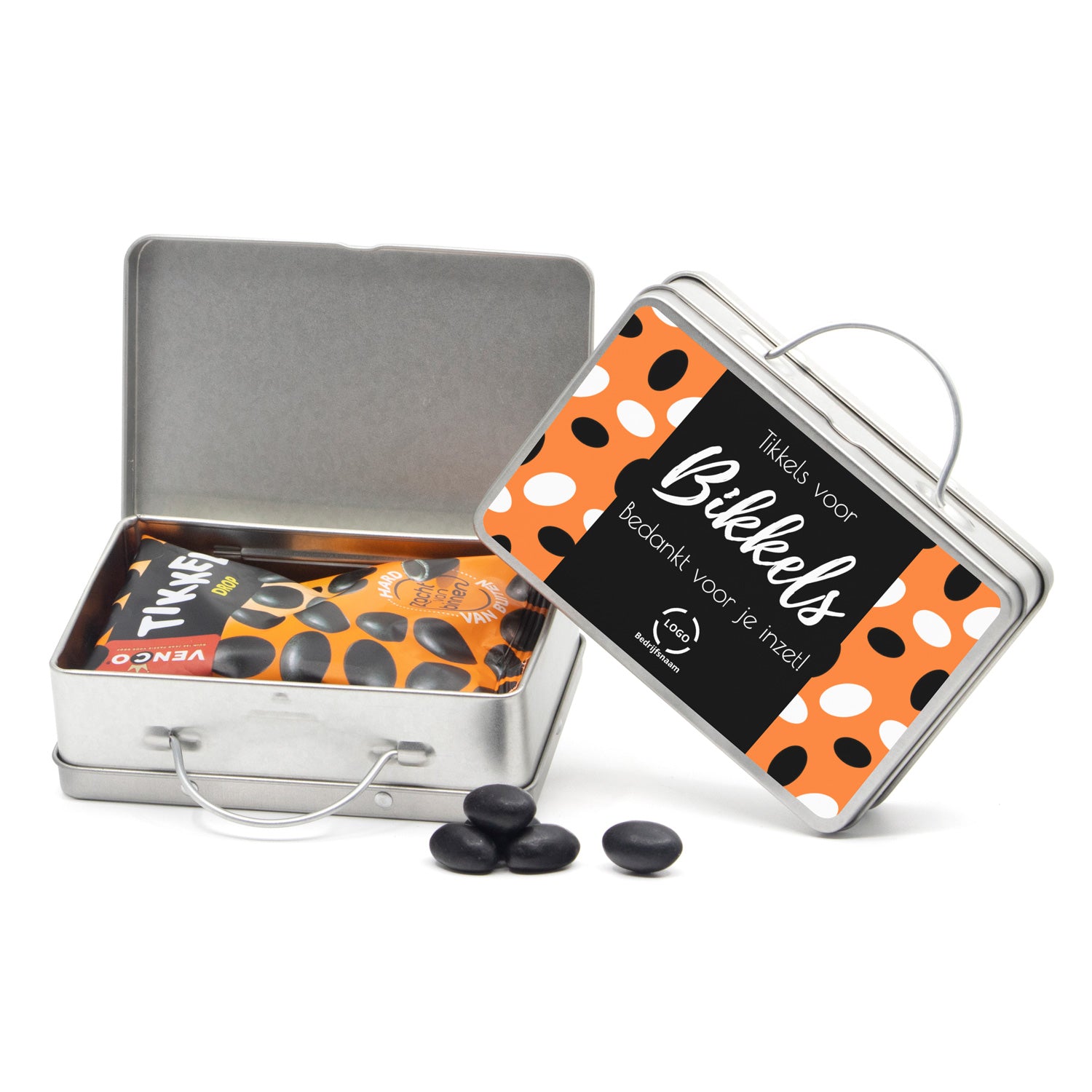 Tikkels voor bikkels in blikken koffertje - Zakelijk - Bedankjes.nl