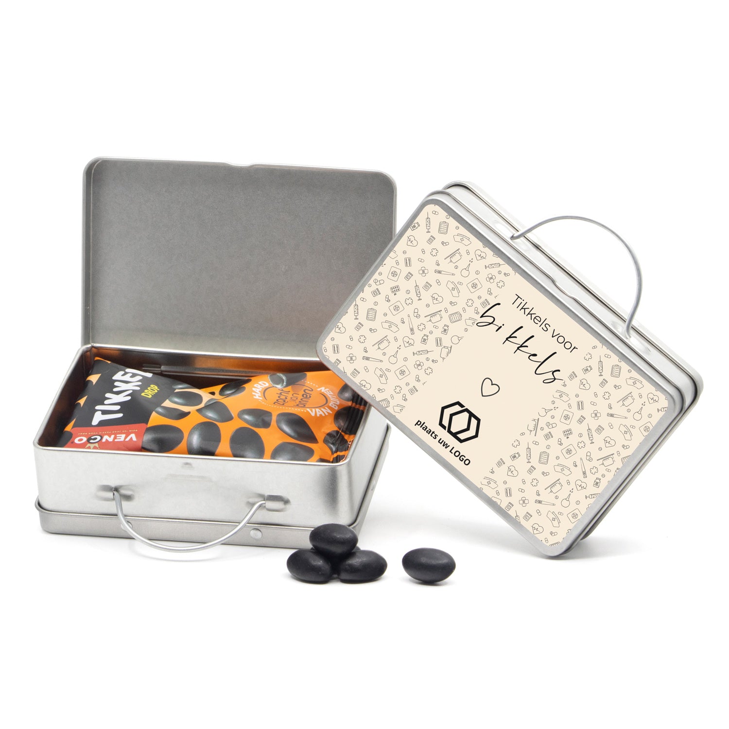 Tikkels voor bikkels in blikken koffertje - Verpleging - Bedankjes.nl