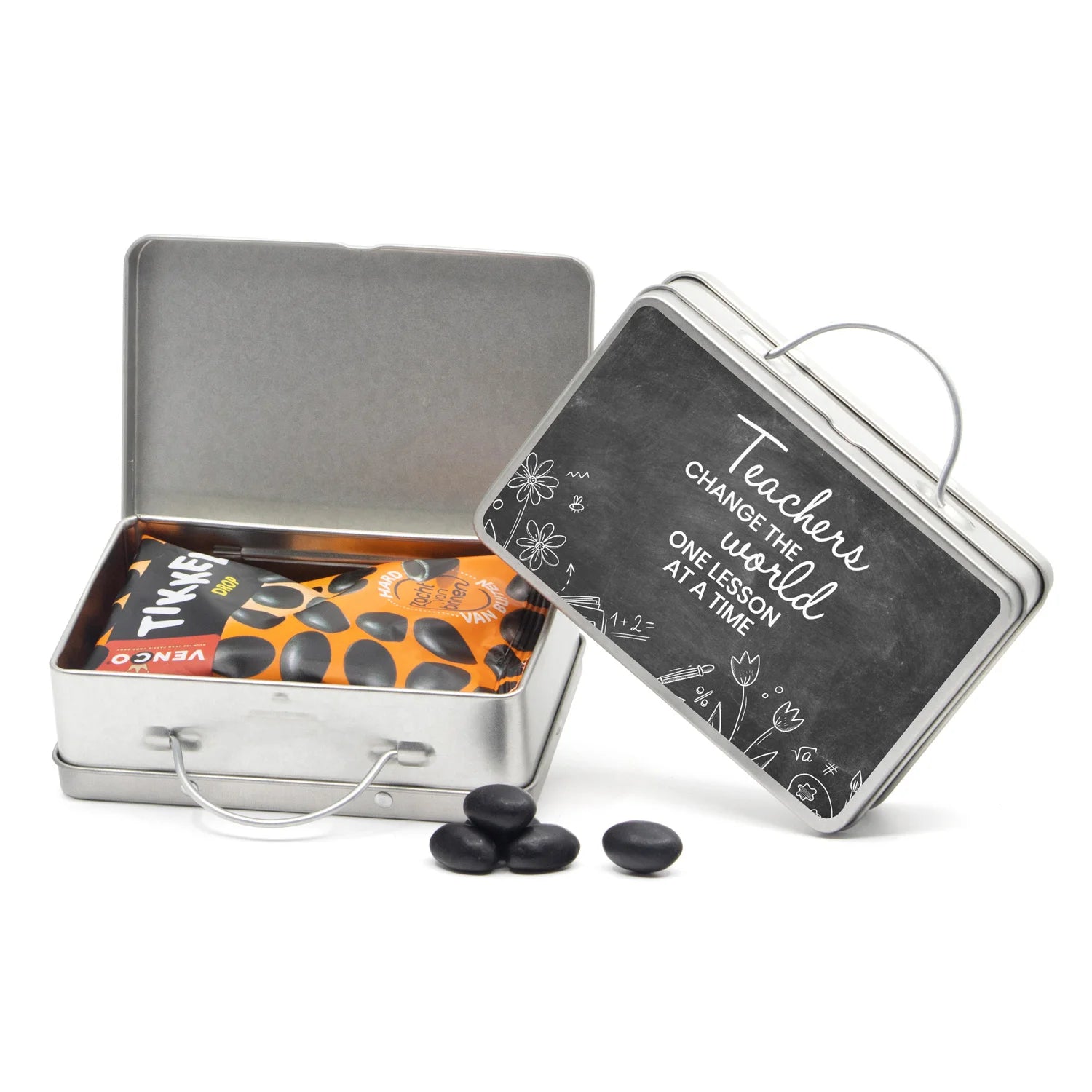 Tikkels voor bikkels in blikken koffertje - Leraar - Bedankjes.nl