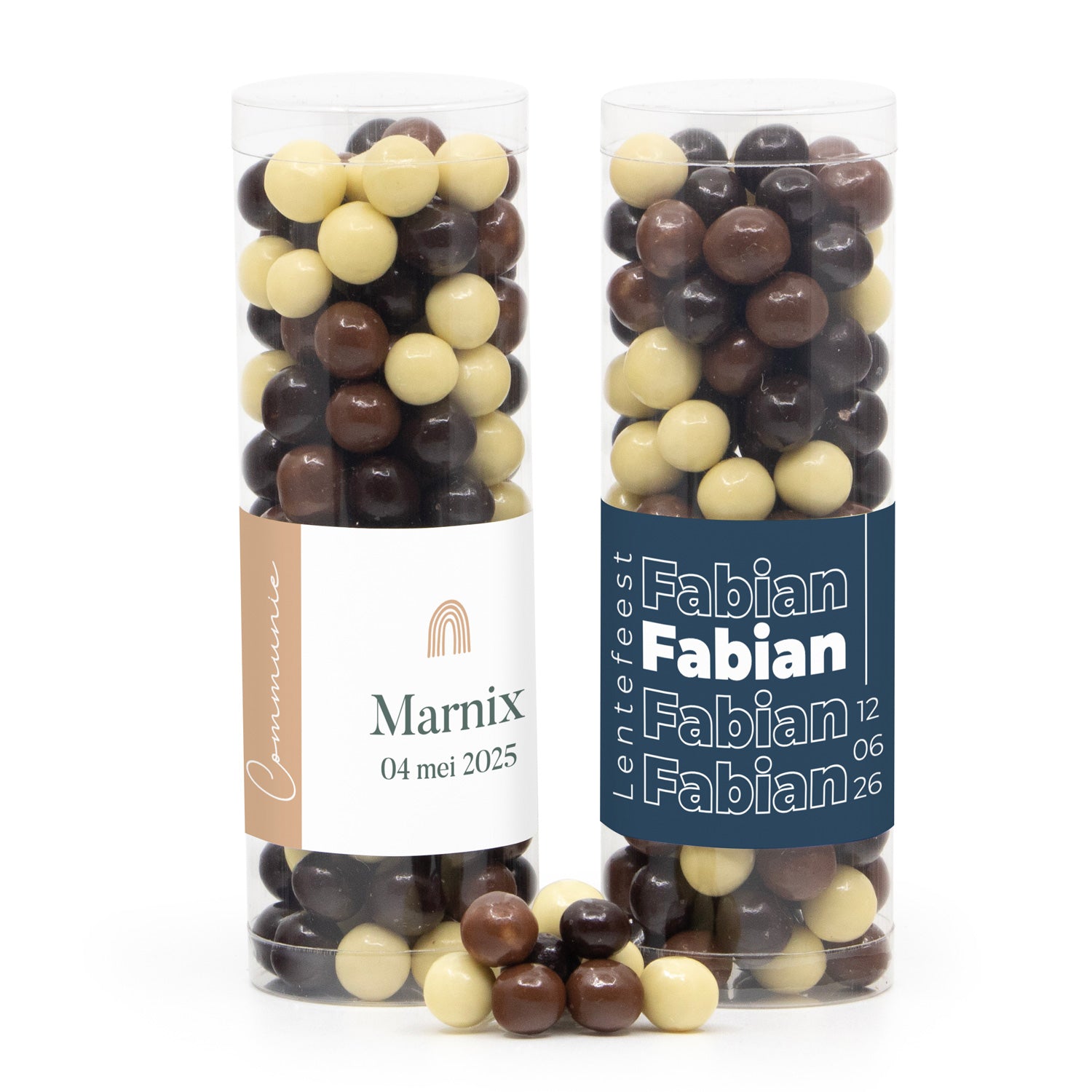 Koker met snoepjes en eigen etiket - Communie jongen - Bedankjes.nl