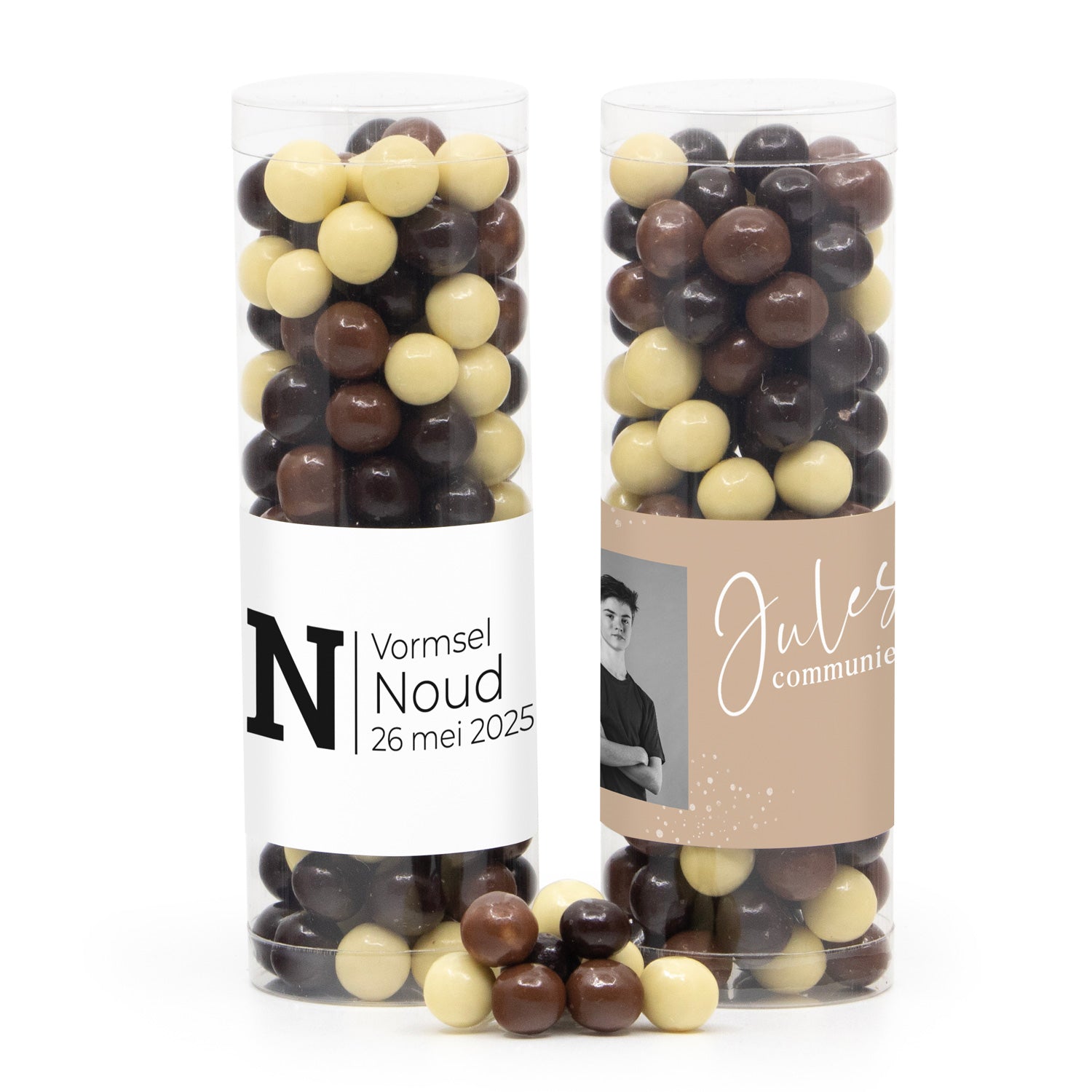 Koker met snoepjes en eigen etiket - Communie jongen - Bedankjes.nl