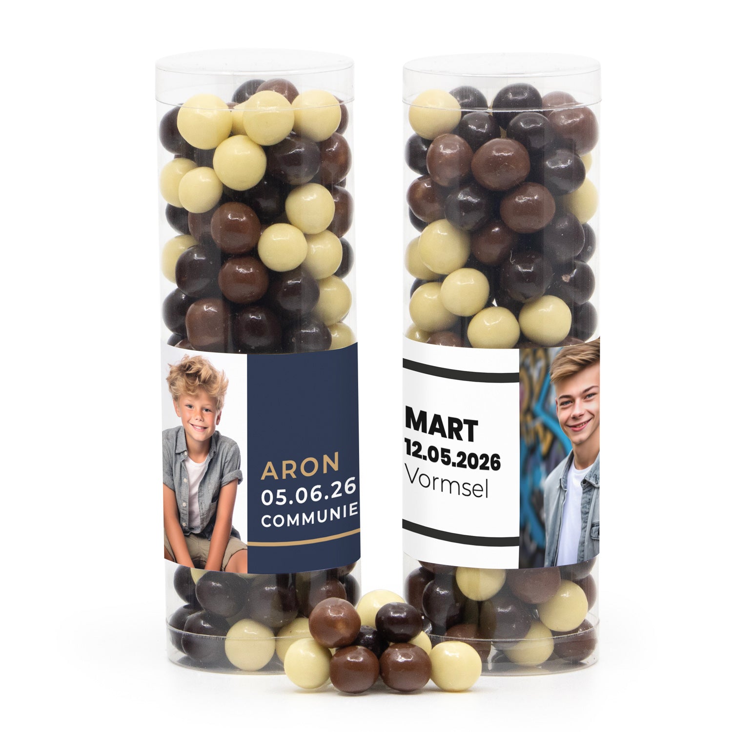 Koker met snoepjes en eigen etiket - Communie jongen - Bedankjes.nl