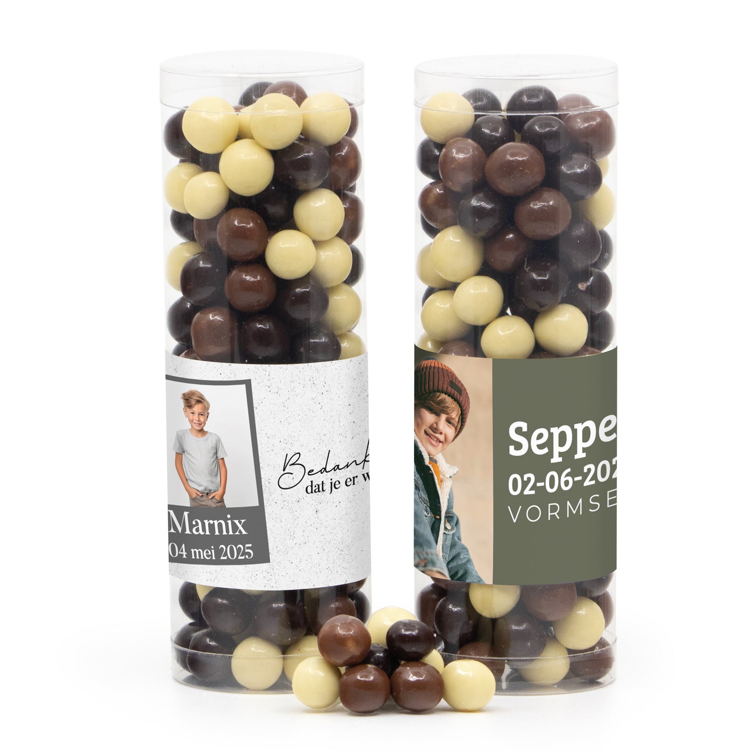 Koker met snoepjes en eigen etiket - Communie jongen - Bedankjes.nl