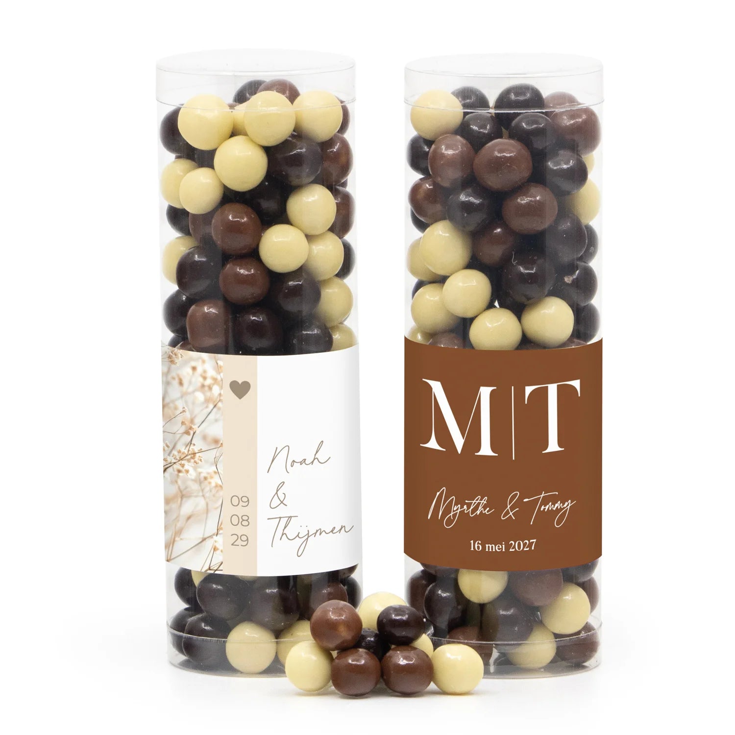 Koker met snoepjes en eigen etiket - Trouwen - Bedankjes.nl