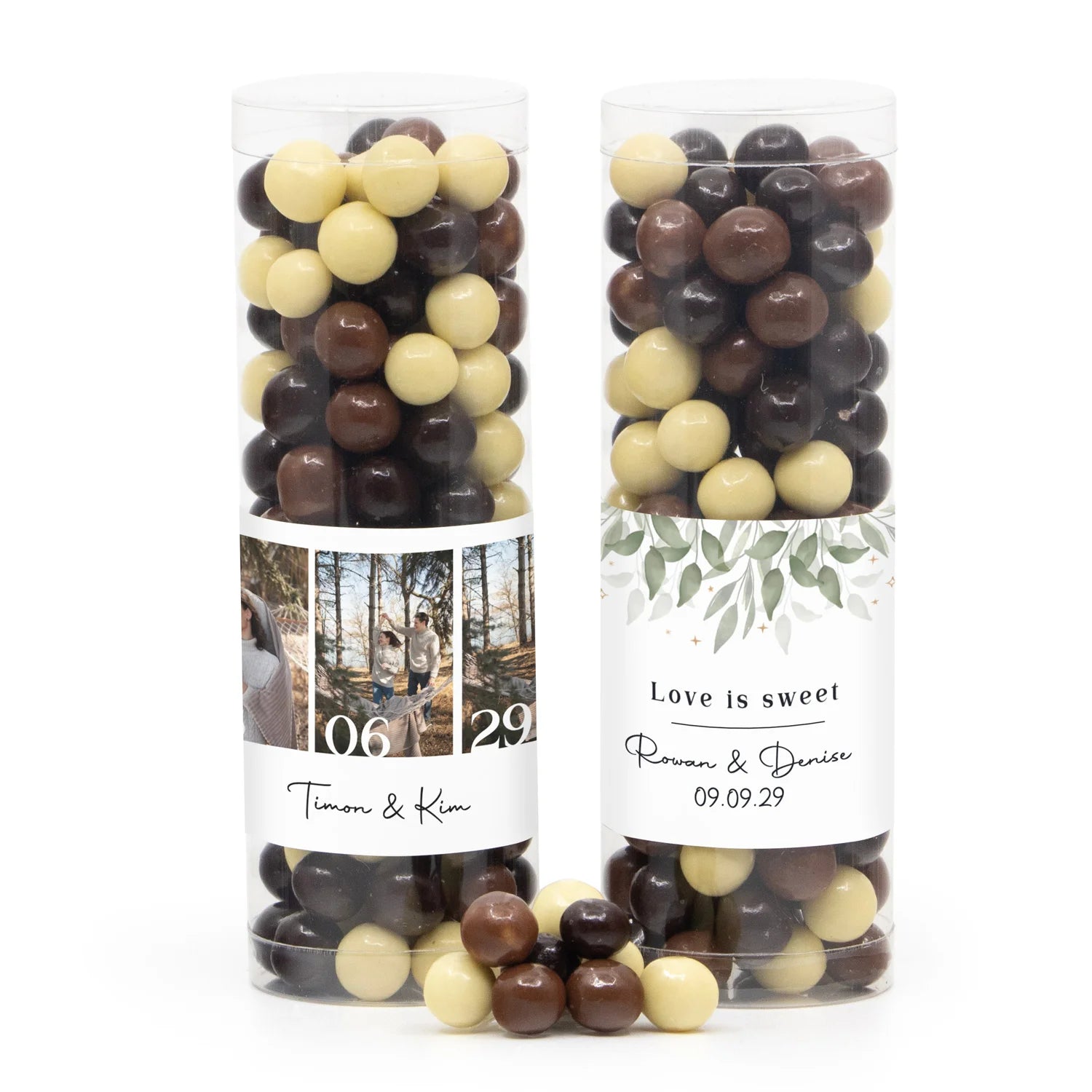 Koker met snoepjes en eigen etiket - Trouwen - Bedankjes.nl