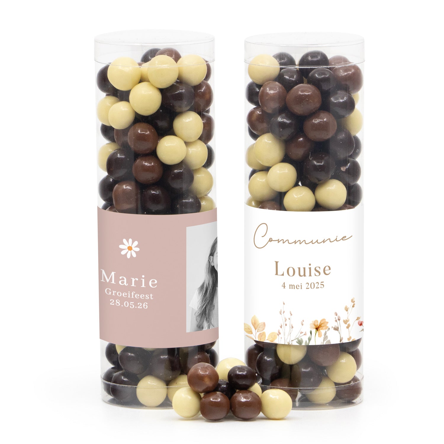 Koker met snoepjes en eigen etiket - Communie meisje - Bedankjes.nl