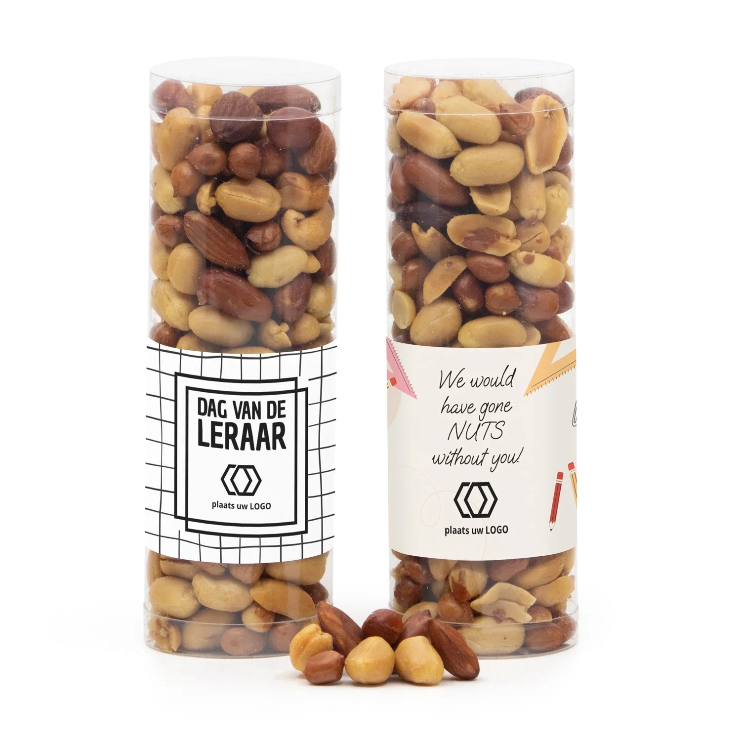 Koker met verse nootjes en eigen etiket - Leraar - Bedankjes.nl