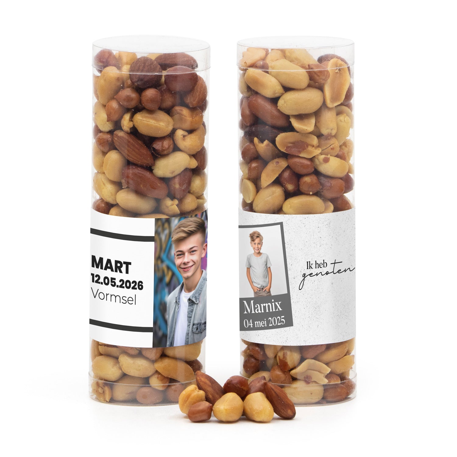 Koker met verse notenmix en eigen etiket - Communie jongen - Bedankjes.nl