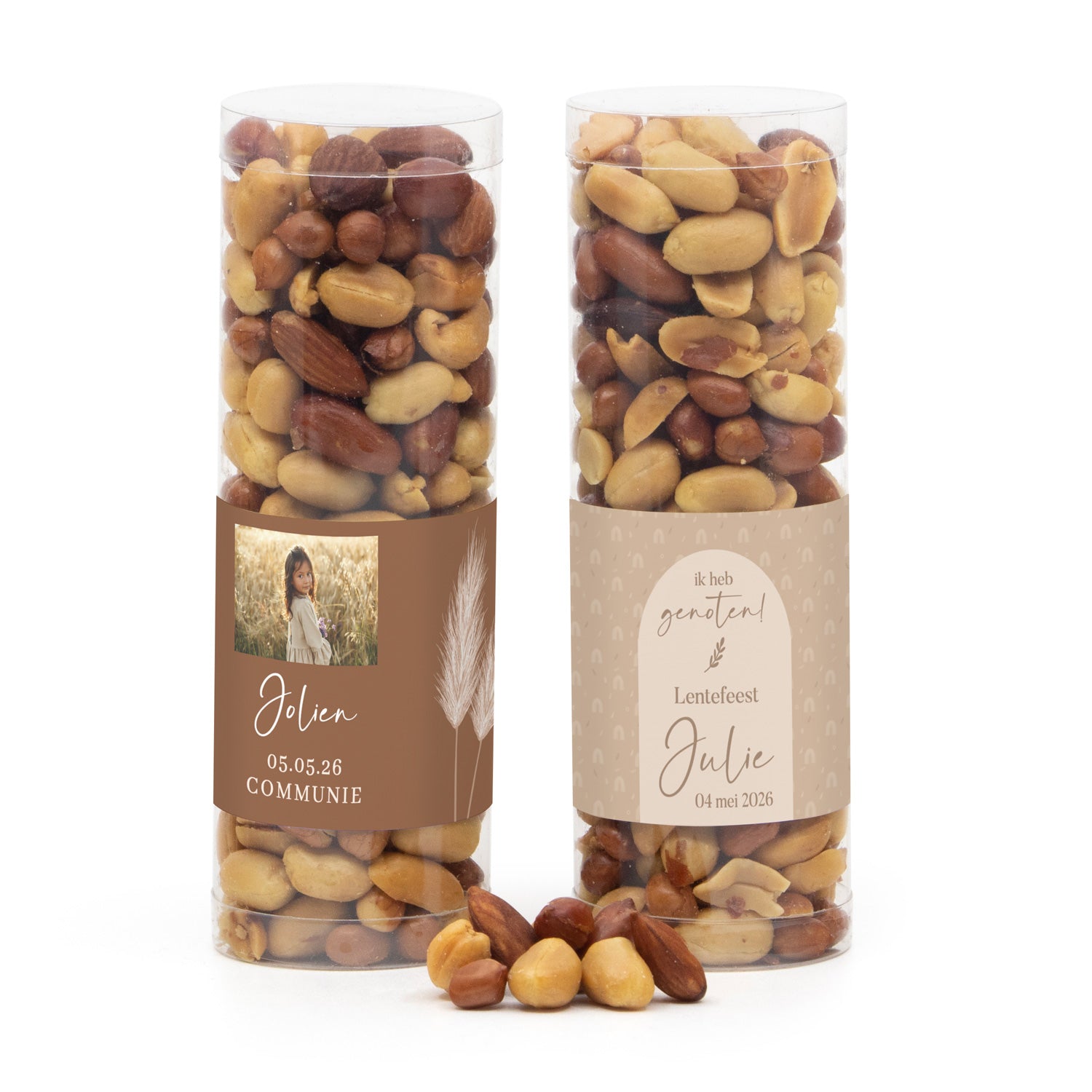 Koker met verse notenmix en eigen etiket - Communie meisje - Bedankjes.nl