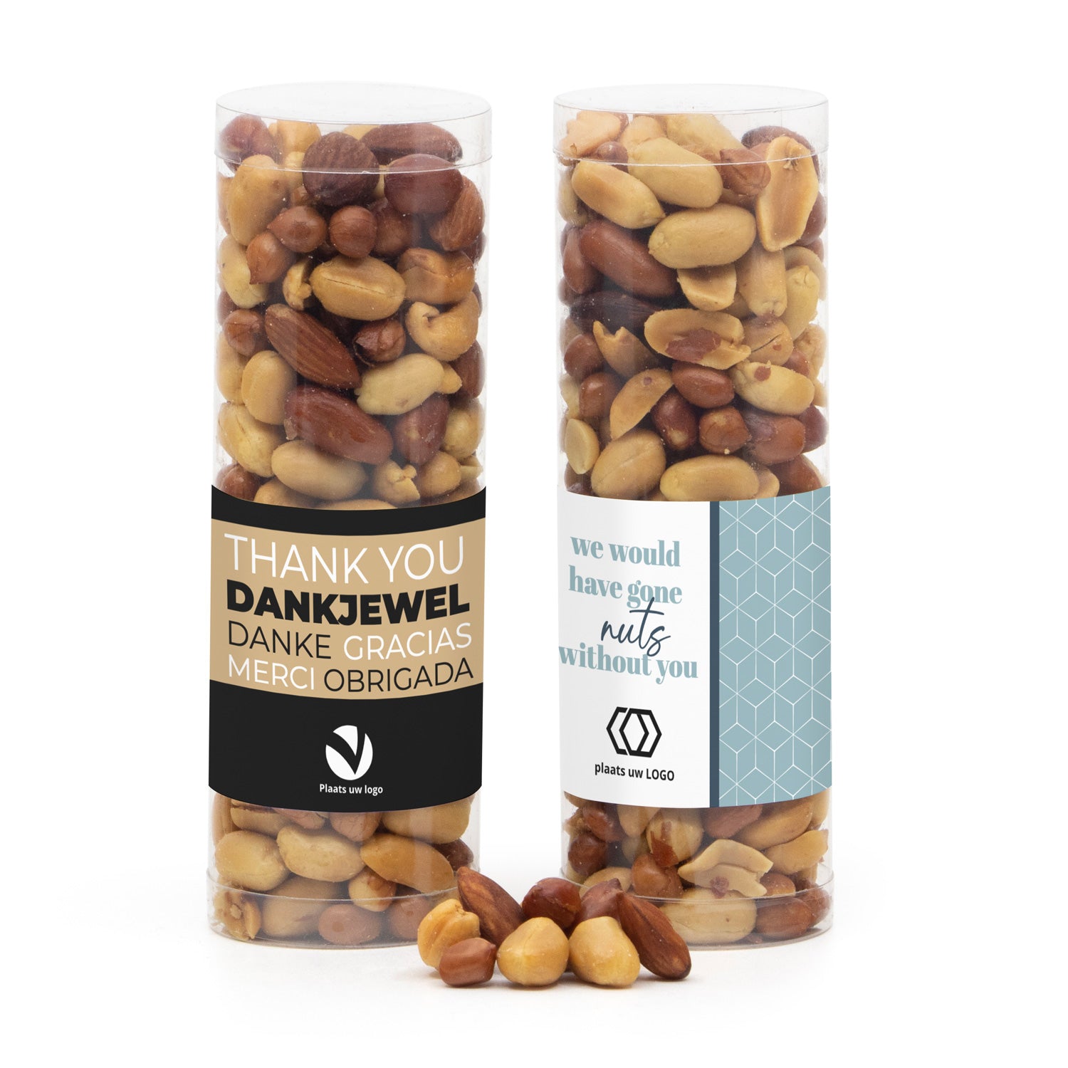 Koker met verse nootjes en eigen etiket - Zakelijk - Bedankjes.nl