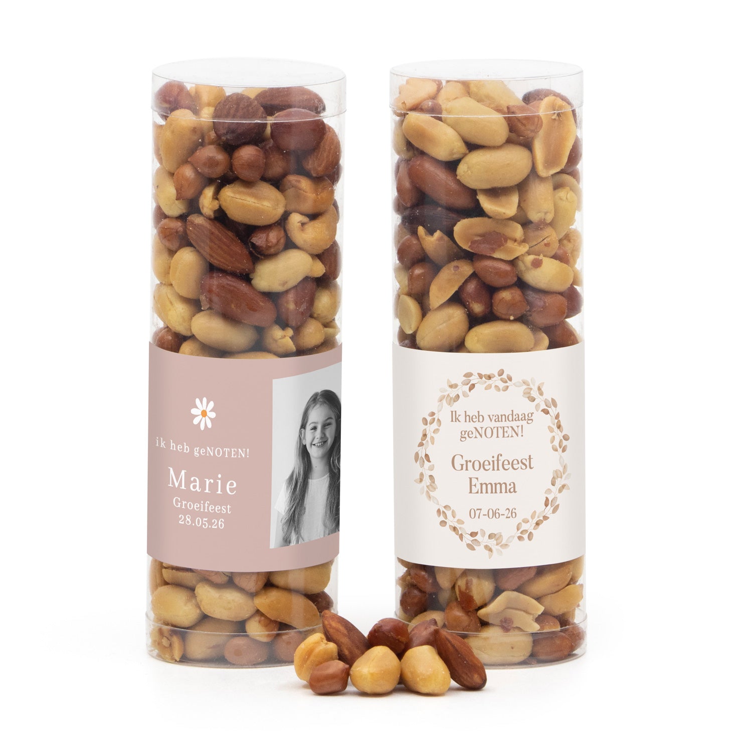 Koker met verse notenmix en eigen etiket - Communie meisje - Bedankjes.nl