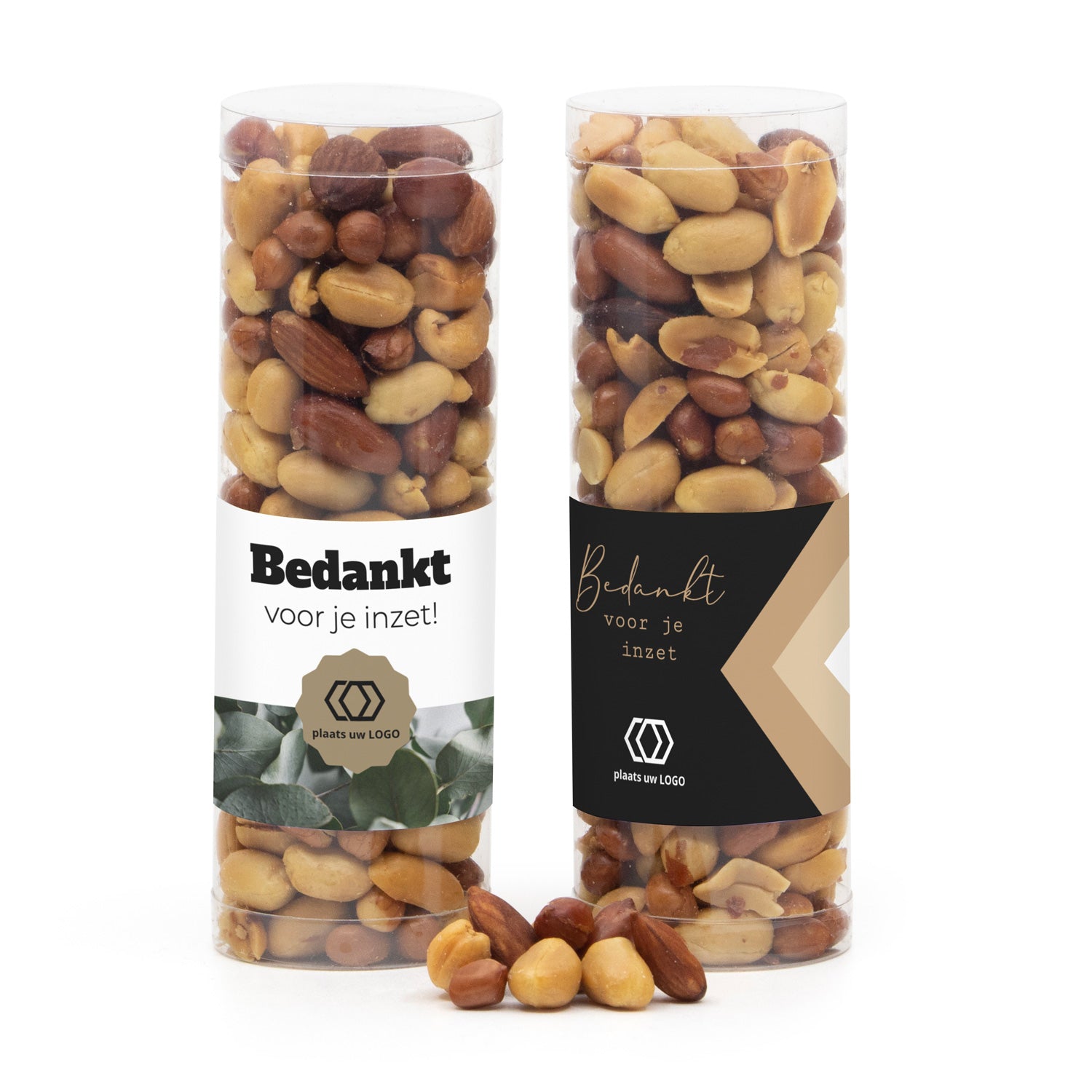 Koker met verse nootjes en eigen etiket - Zakelijk - Bedankjes.nl