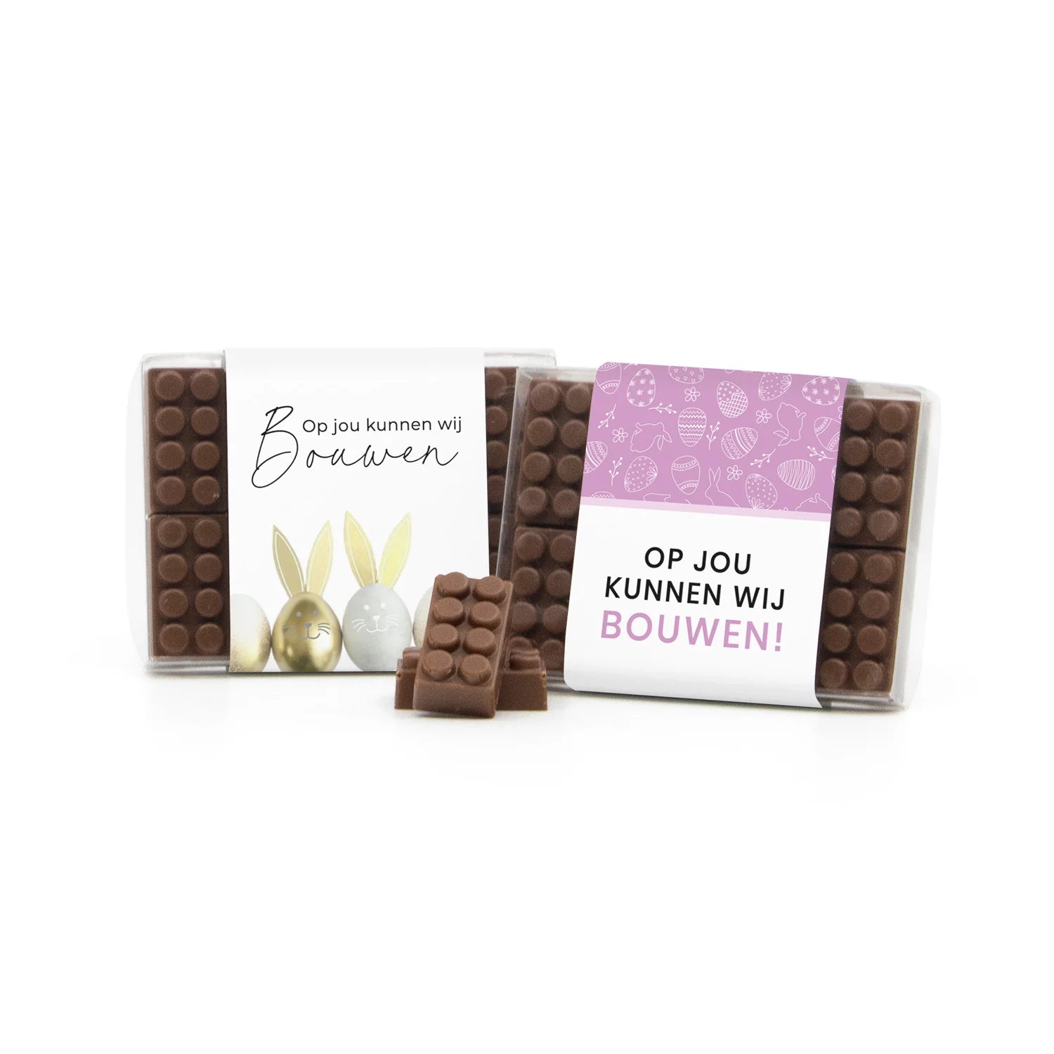 Doosje met 10 chocolade bouwstenen eigen sleeve - Pasen - Bedankjes.nl