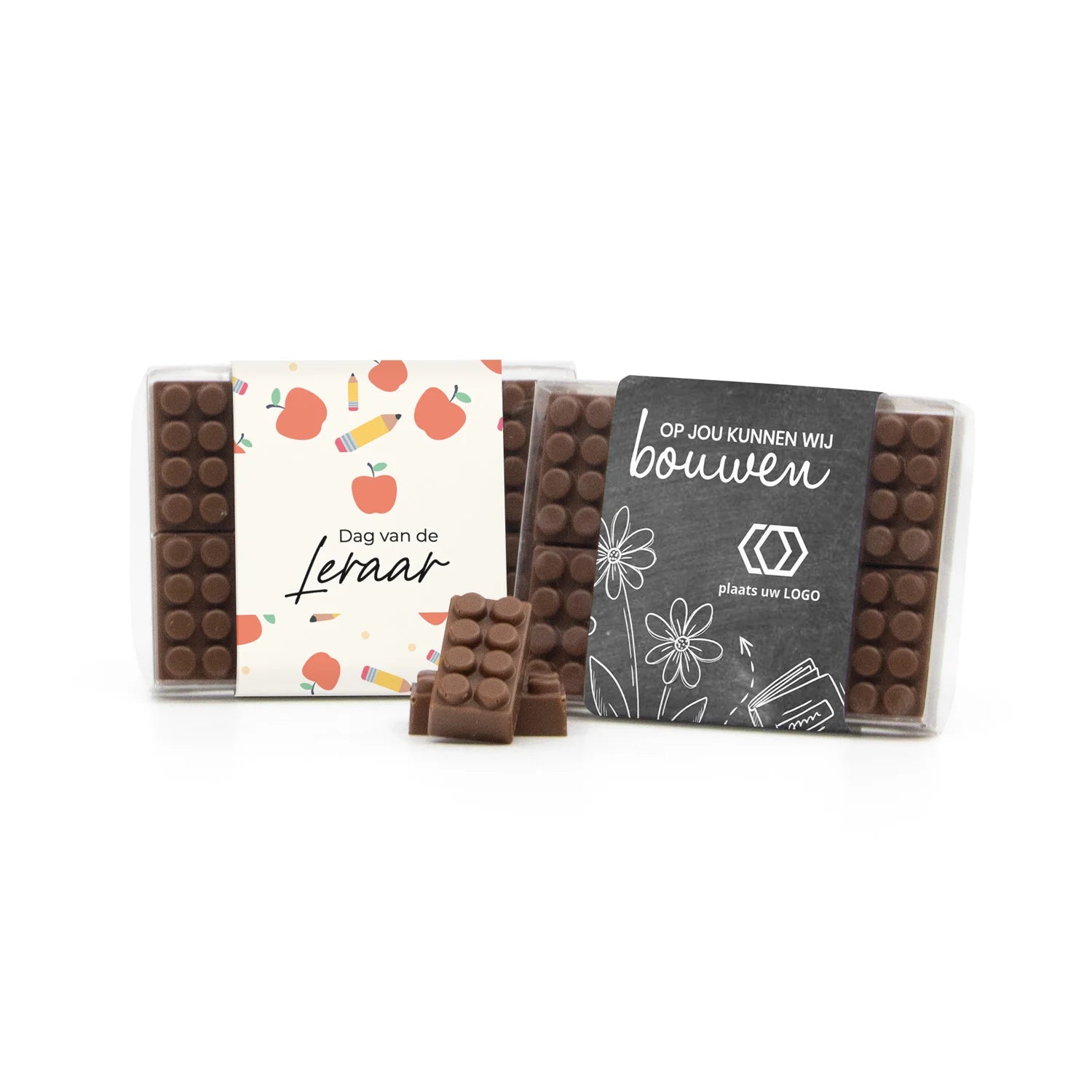 Chocolade bouwstenen met eigen sleeve - Leraar - Bedankjes.nl