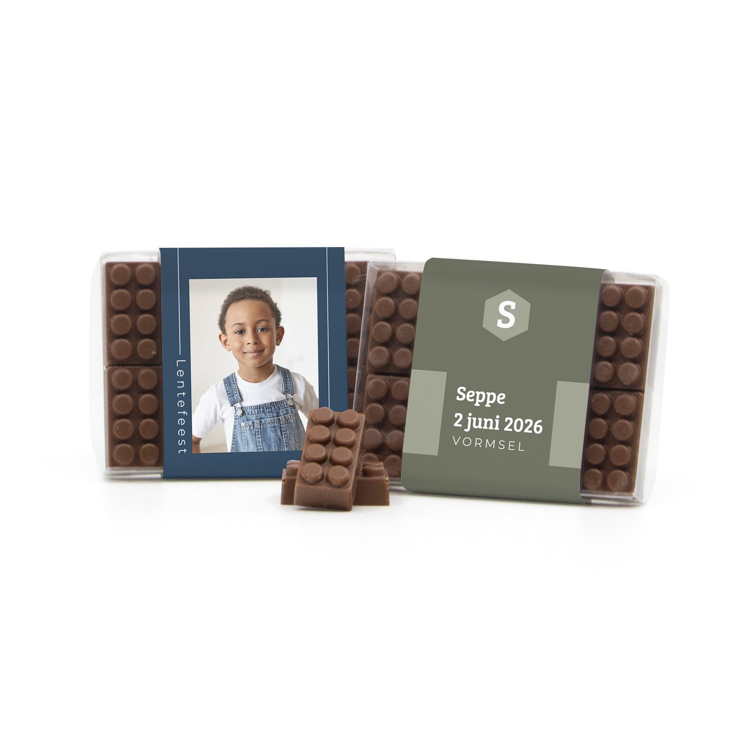 Chocolade bouwstenen met eigen sleeve - Communie Jongen - Bedankjes.nl