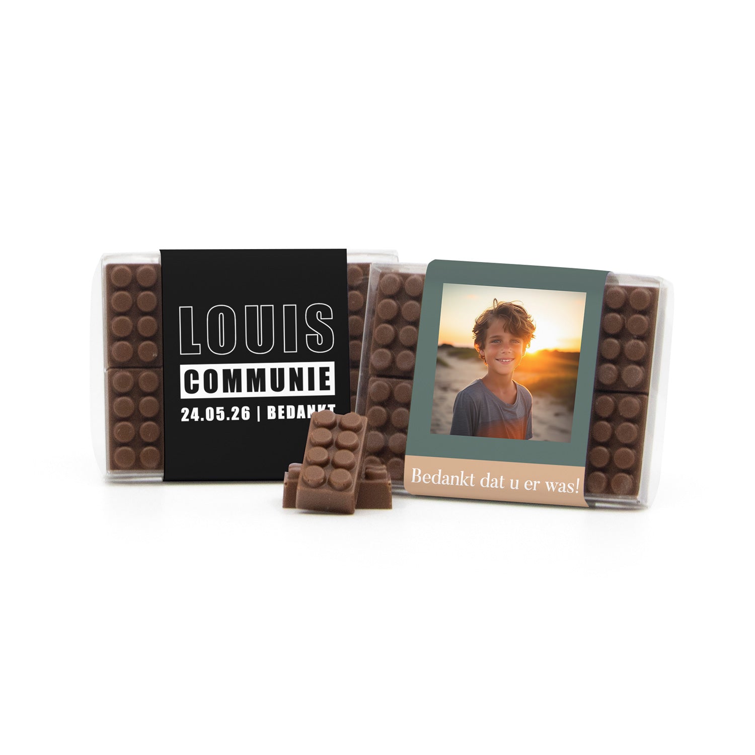 Chocolade bouwstenen met eigen sleeve - Communie Jongen - Bedankjes.nl