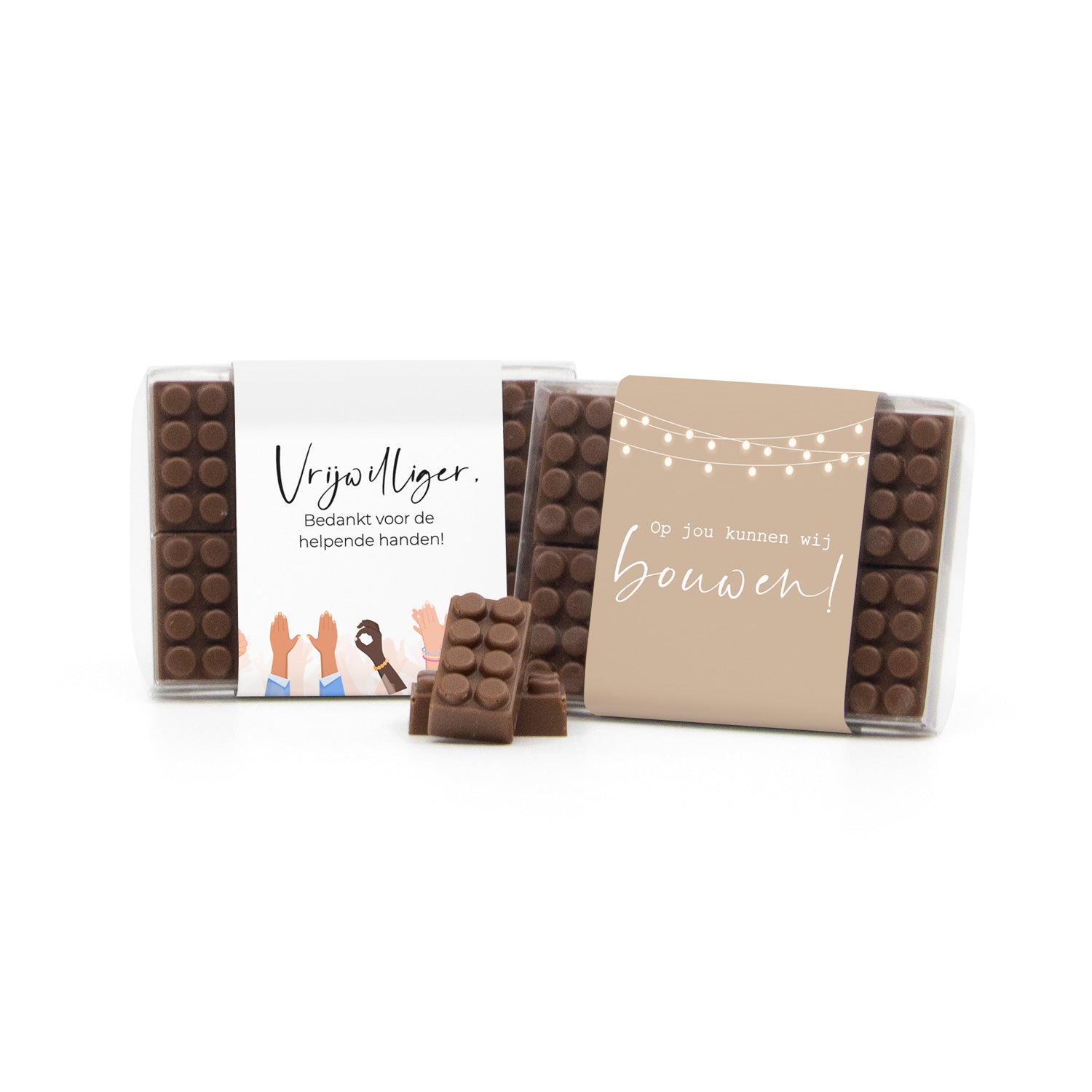 Chocolade bouwstenen met eigen sleeve - Vrijwilliger - Bedankjes.nl