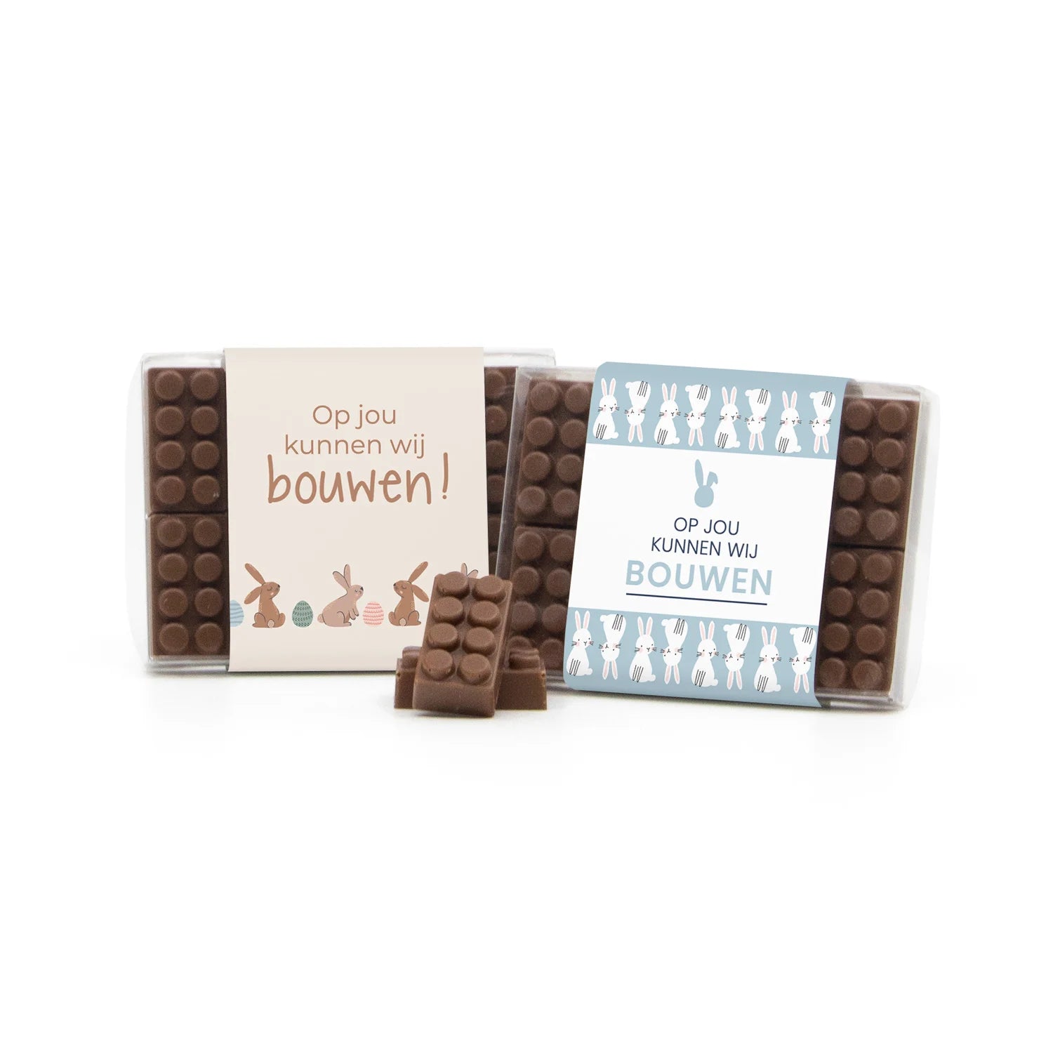Doosje met 10 chocolade bouwstenen eigen sleeve - Pasen - Bedankjes.nl