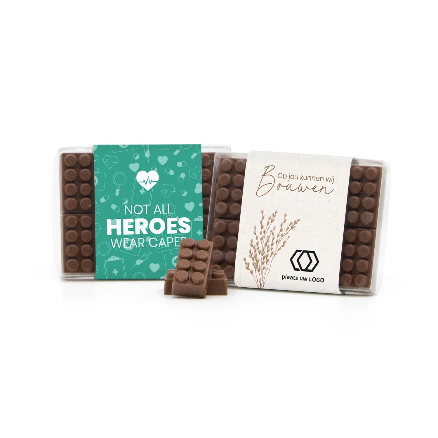 Chocolade bouwstenen met eigen sleeve - Verpleging - Bedankjes.nl