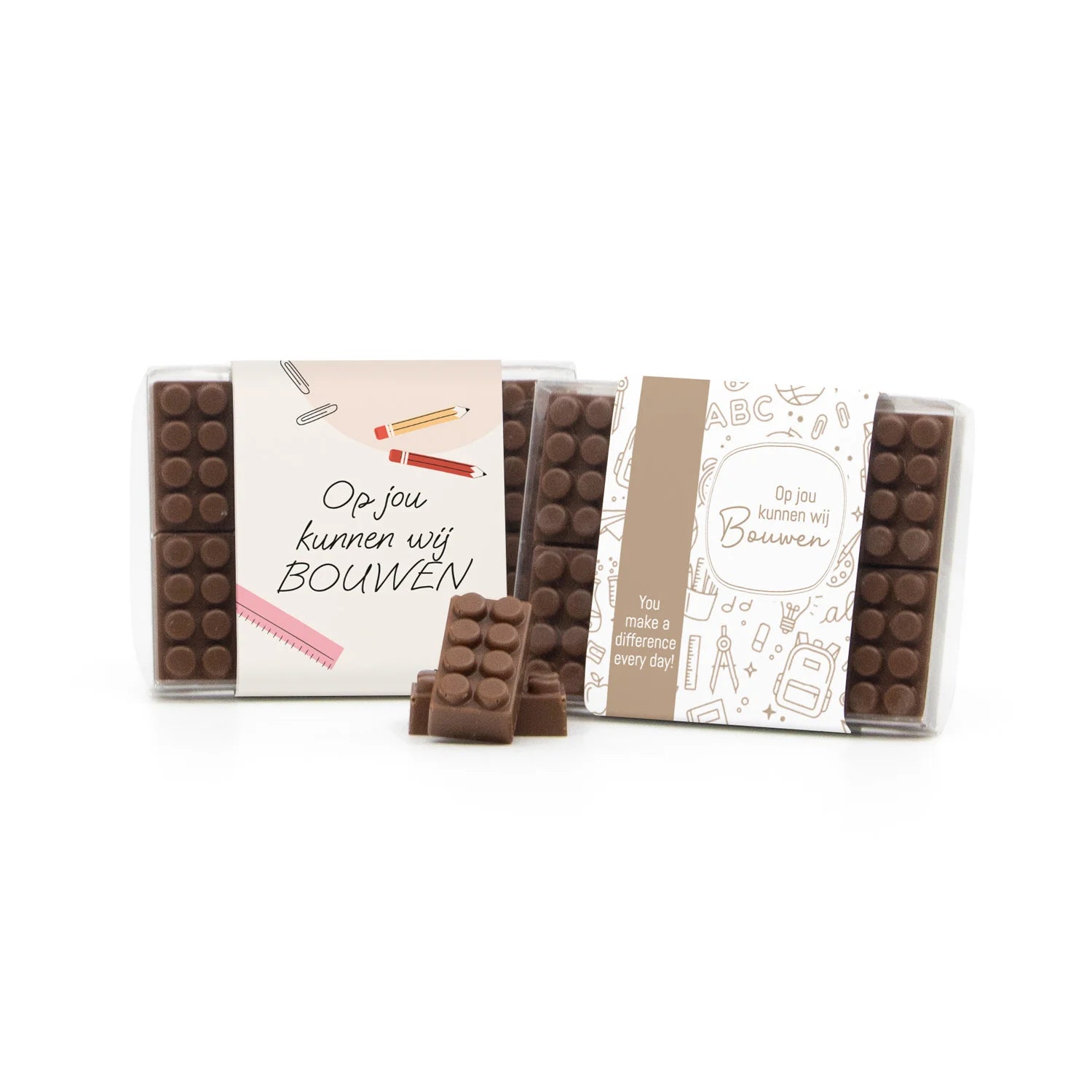 Chocolade bouwstenen met eigen sleeve - Leraar - Bedankjes.nl