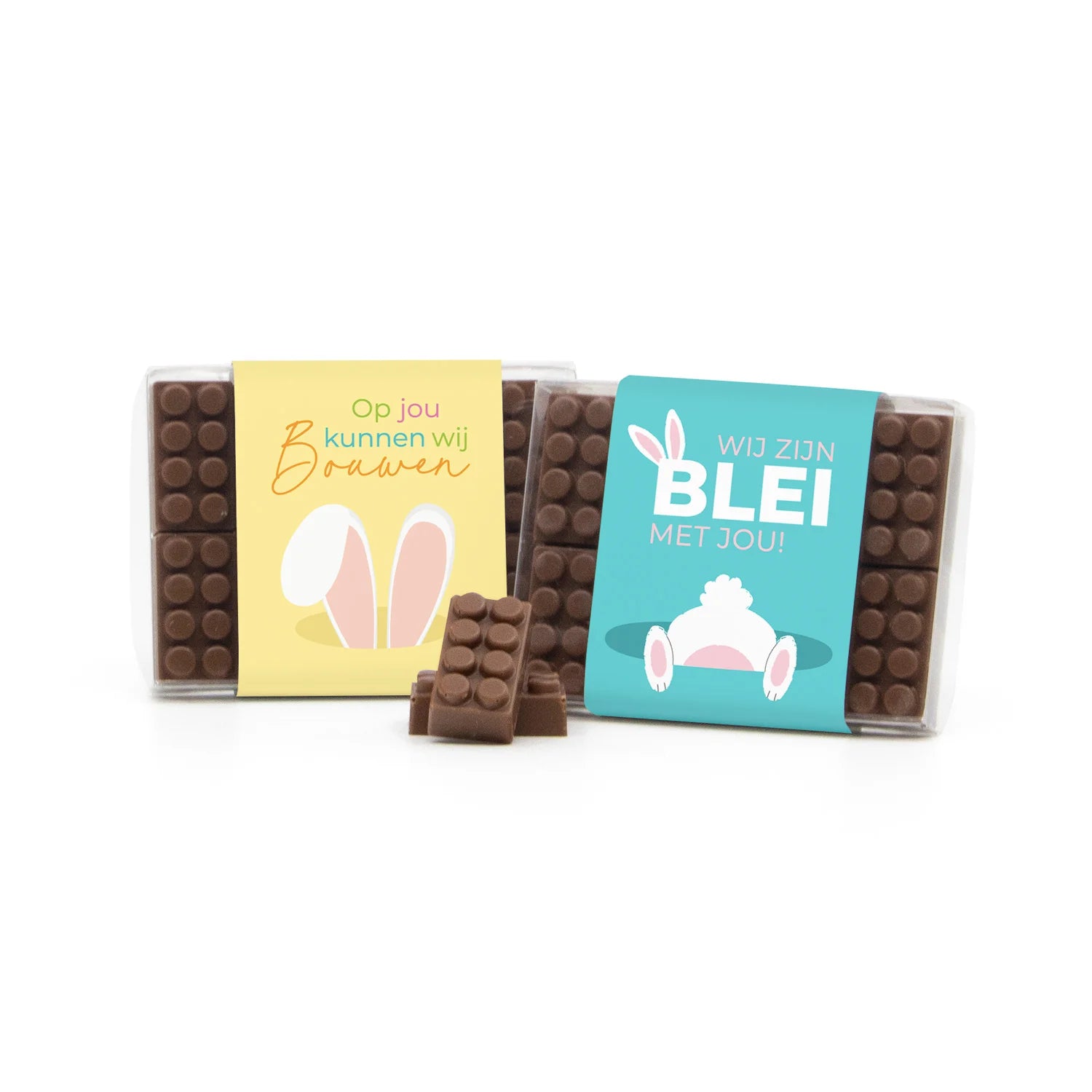 Doosje met 10 chocolade bouwstenen eigen sleeve - Pasen - Bedankjes.nl