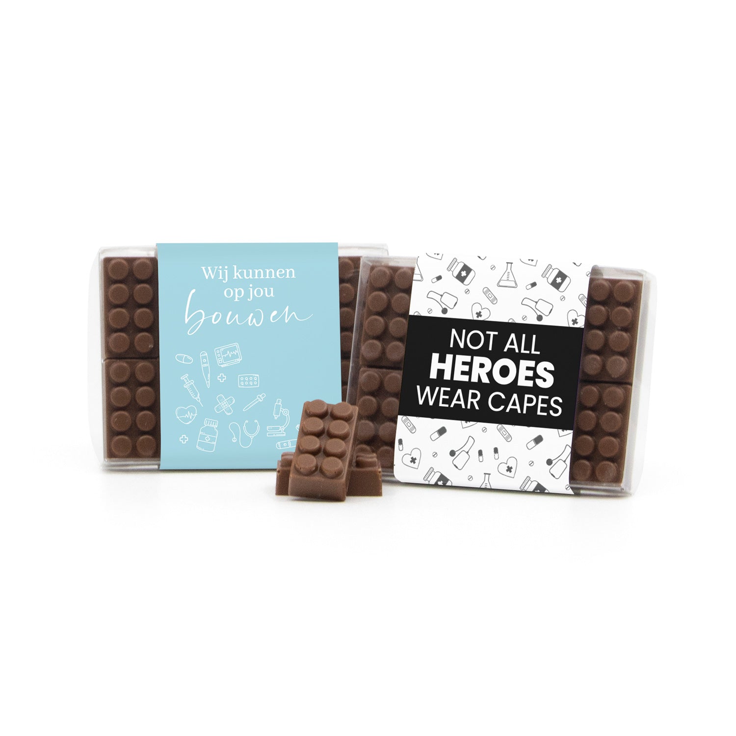 Chocolade bouwstenen met eigen sleeve - Verpleging - Bedankjes.nl