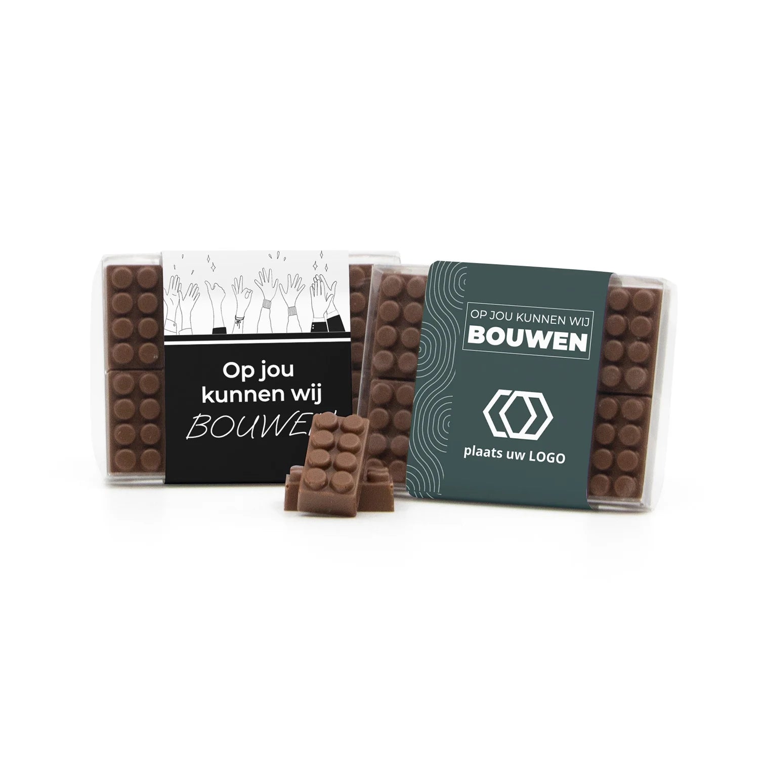 Doosje met 10 chocolade bouwstenen eigen sleeve - Zakelijk - Bedankjes.nl