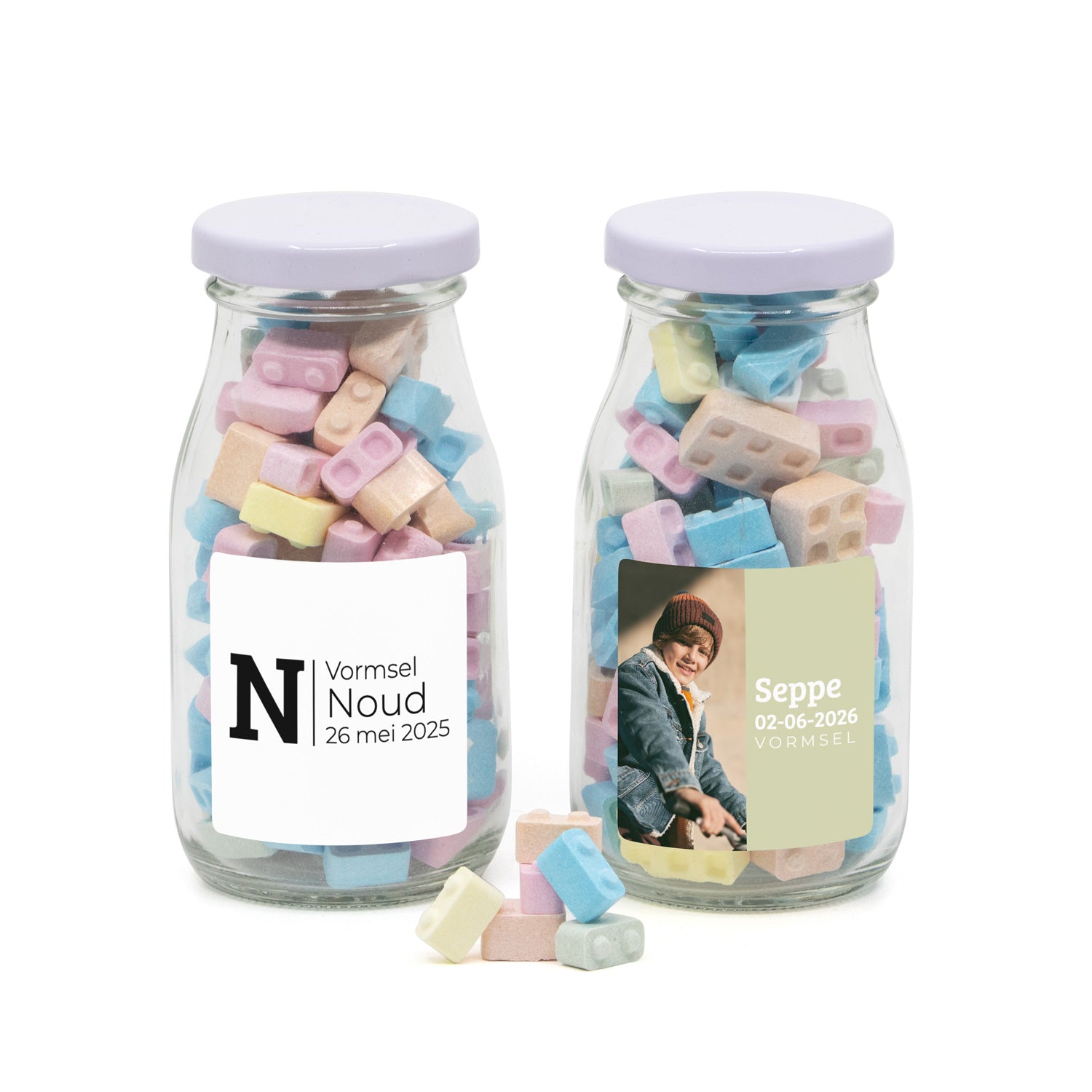 Glazen melkflesje met bouwsteentjes - Communie jongen - Bedankjes.nl