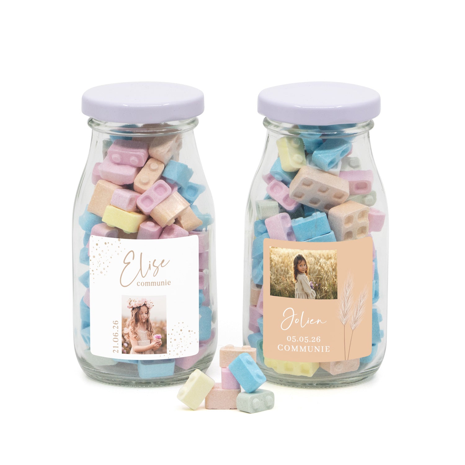 Glazen melkflesje met bouwsteentjes - Communie meisjes - Bedankjes.nl