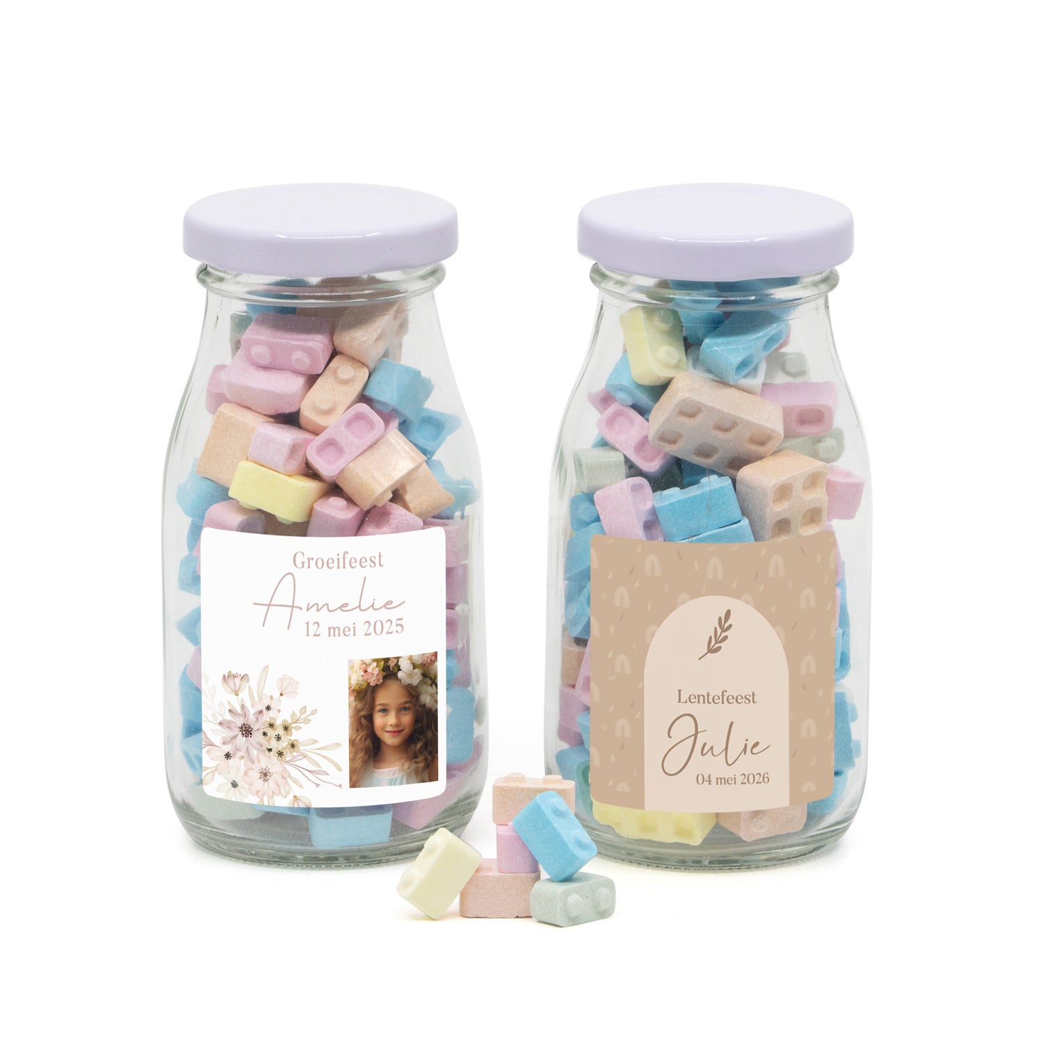 Glazen melkflesje met bouwsteentjes - Communie meisjes - Bedankjes.nl