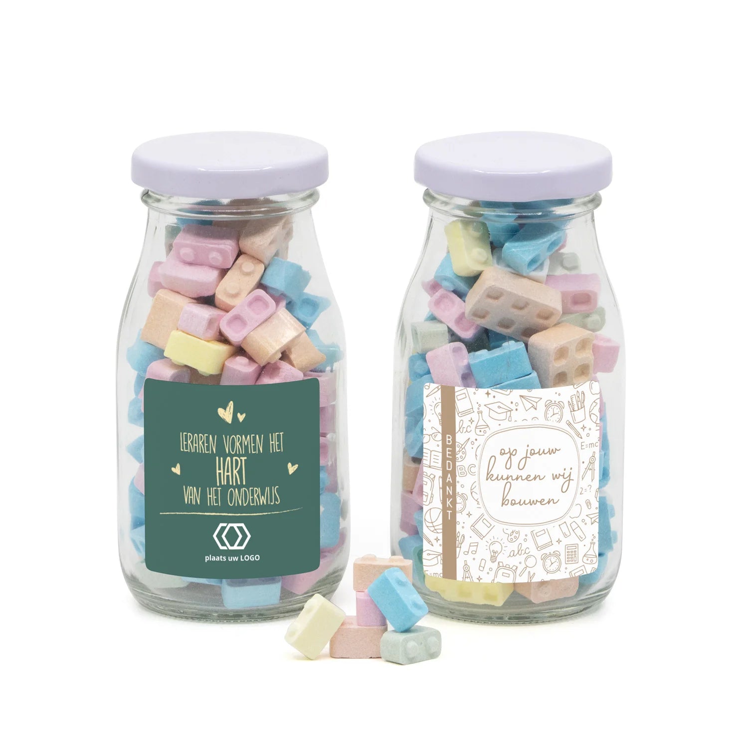 Glazen melkflesje met bouwsteentjes - Leraar - Bedankjes.nl