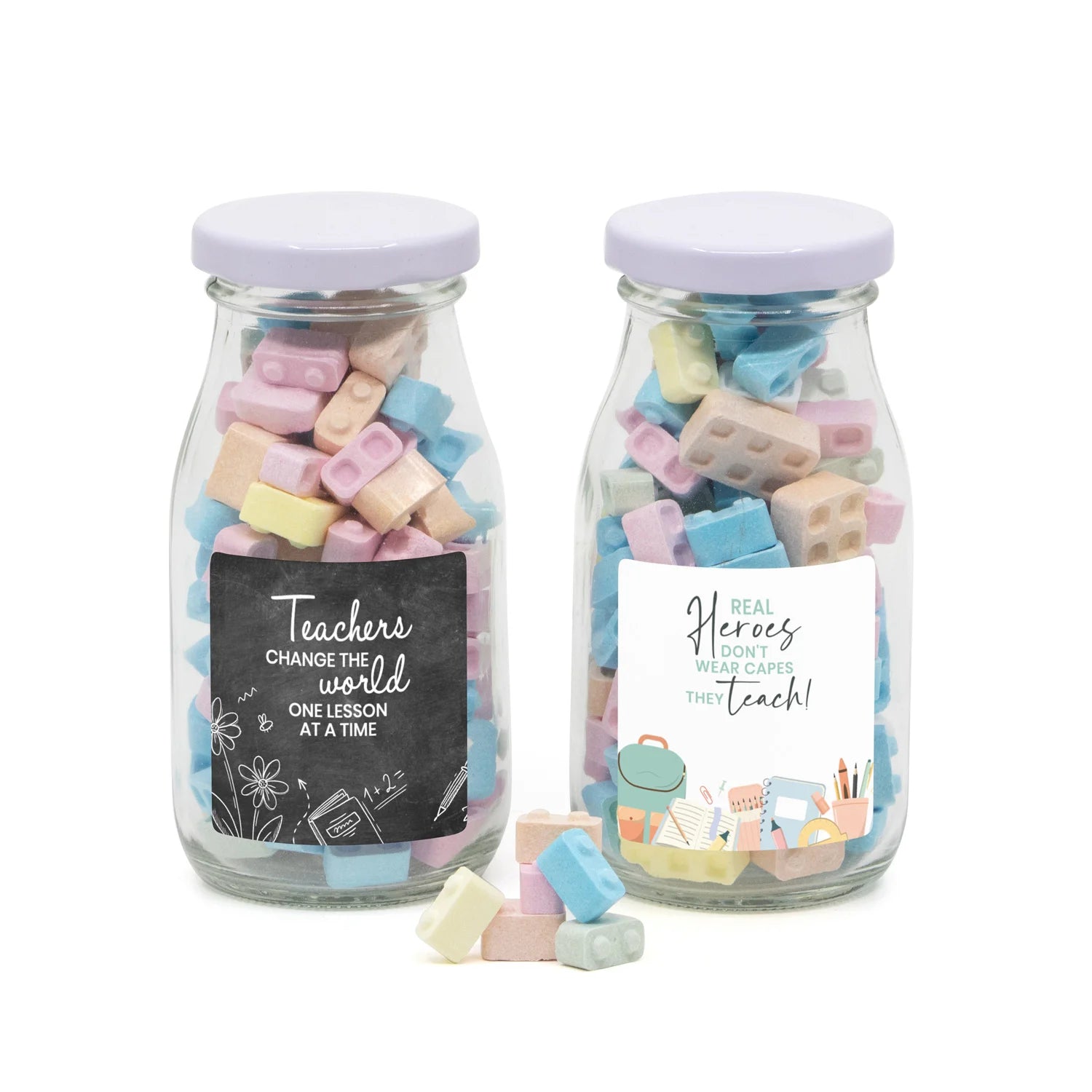 Glazen melkflesje met bouwsteentjes - Leraar - Bedankjes.nl