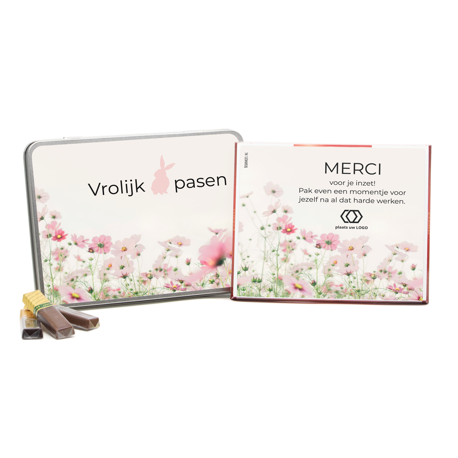 Blik met doos Merci en eigen etiket - Pasen - Bedankjes.nl