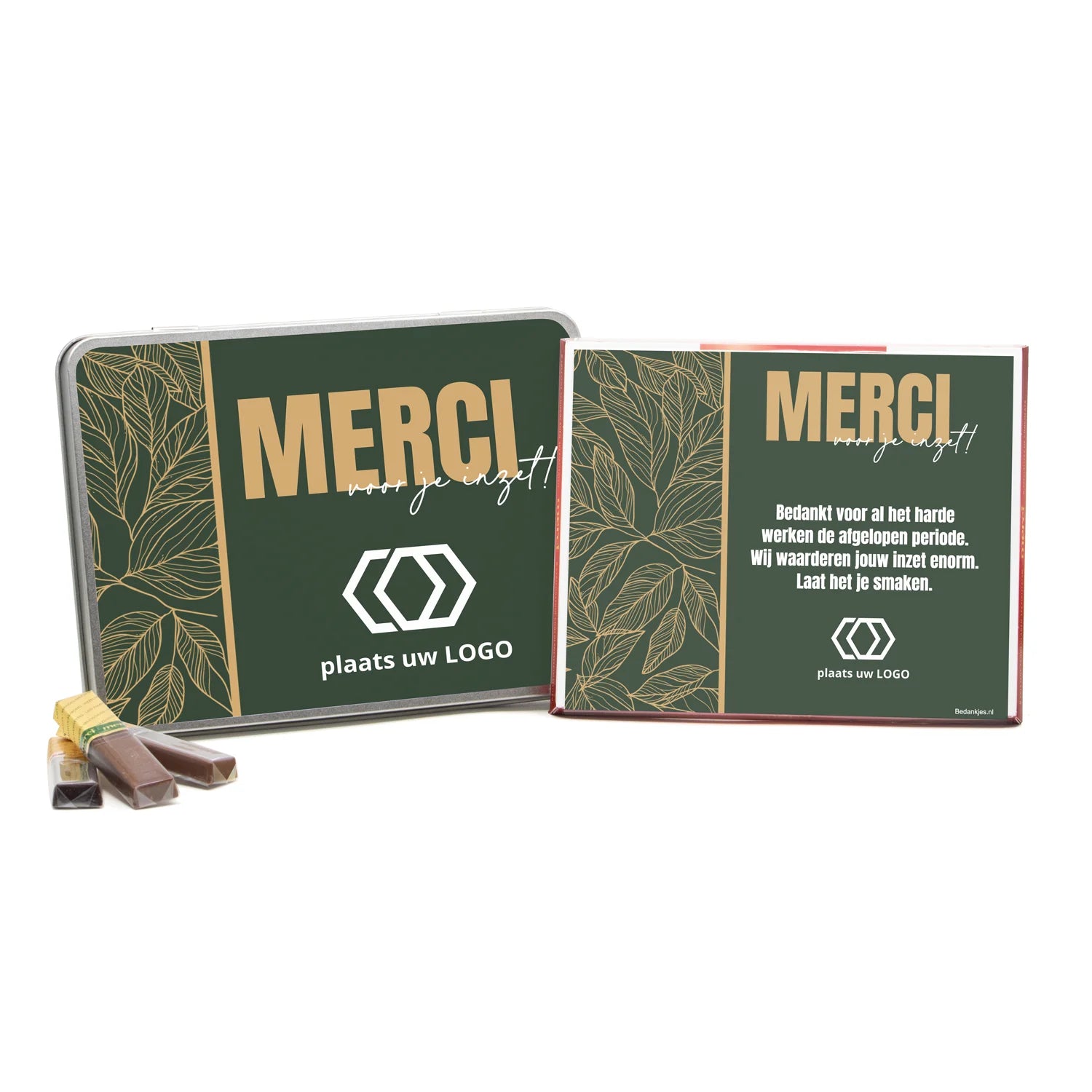 Blik met Merci doos en eigen logo - Zakelijk - Bedankjes.nl