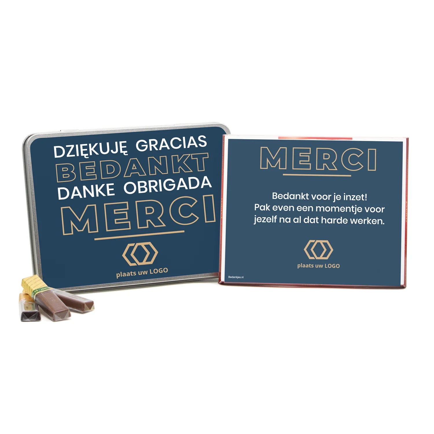 Blik met Merci doos en eigen logo - Zakelijk - Bedankjes.nl