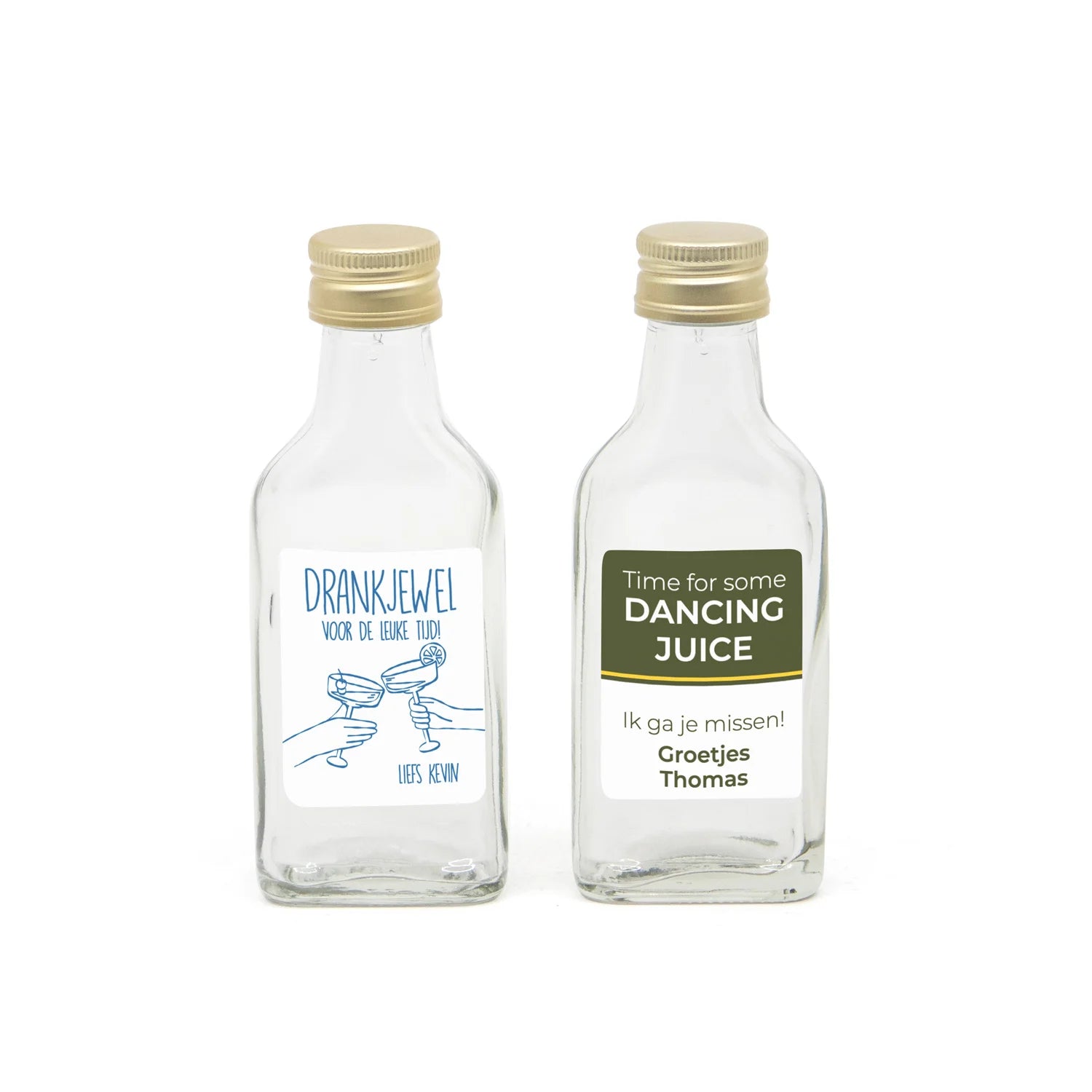 Glazen drank flesje(40cl) met eigen etiket- Afscheid collega - Bedankjes.nl