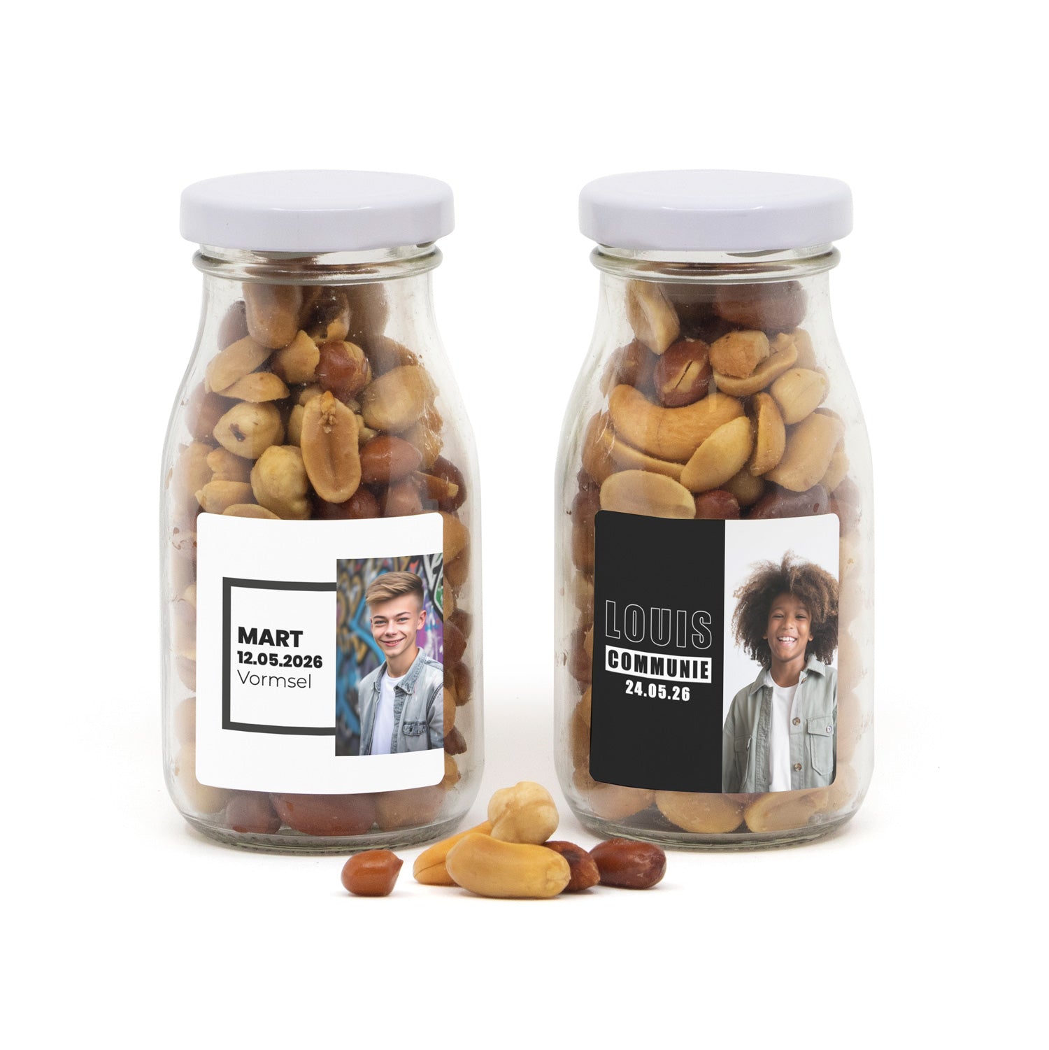Glazen melkflesje met verse nootjes - Communie jongen - Bedankjes.nl