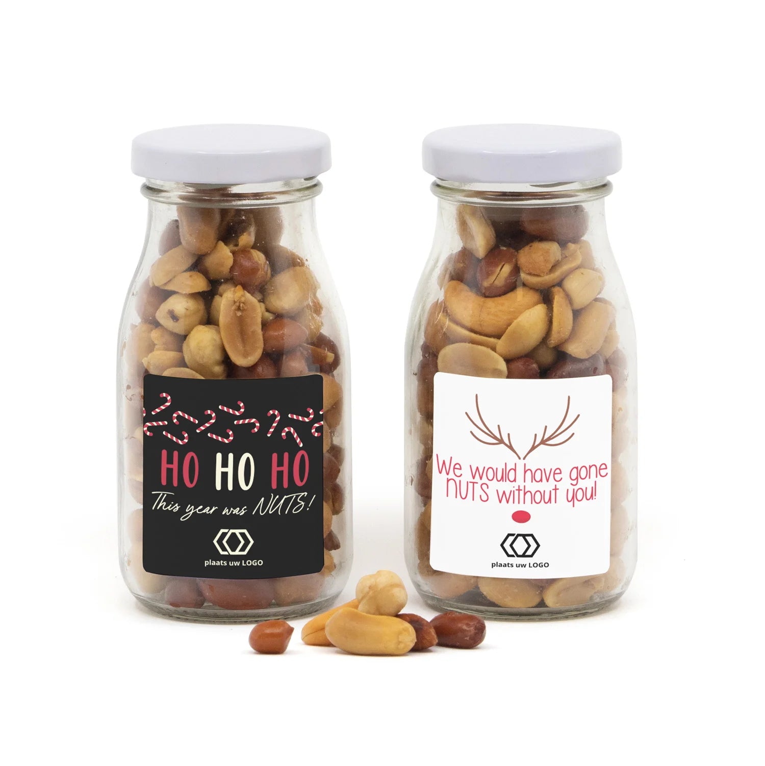 Glazen flesje met verse nootjes met eigen etiket - Kerst - Bedankjes.nl