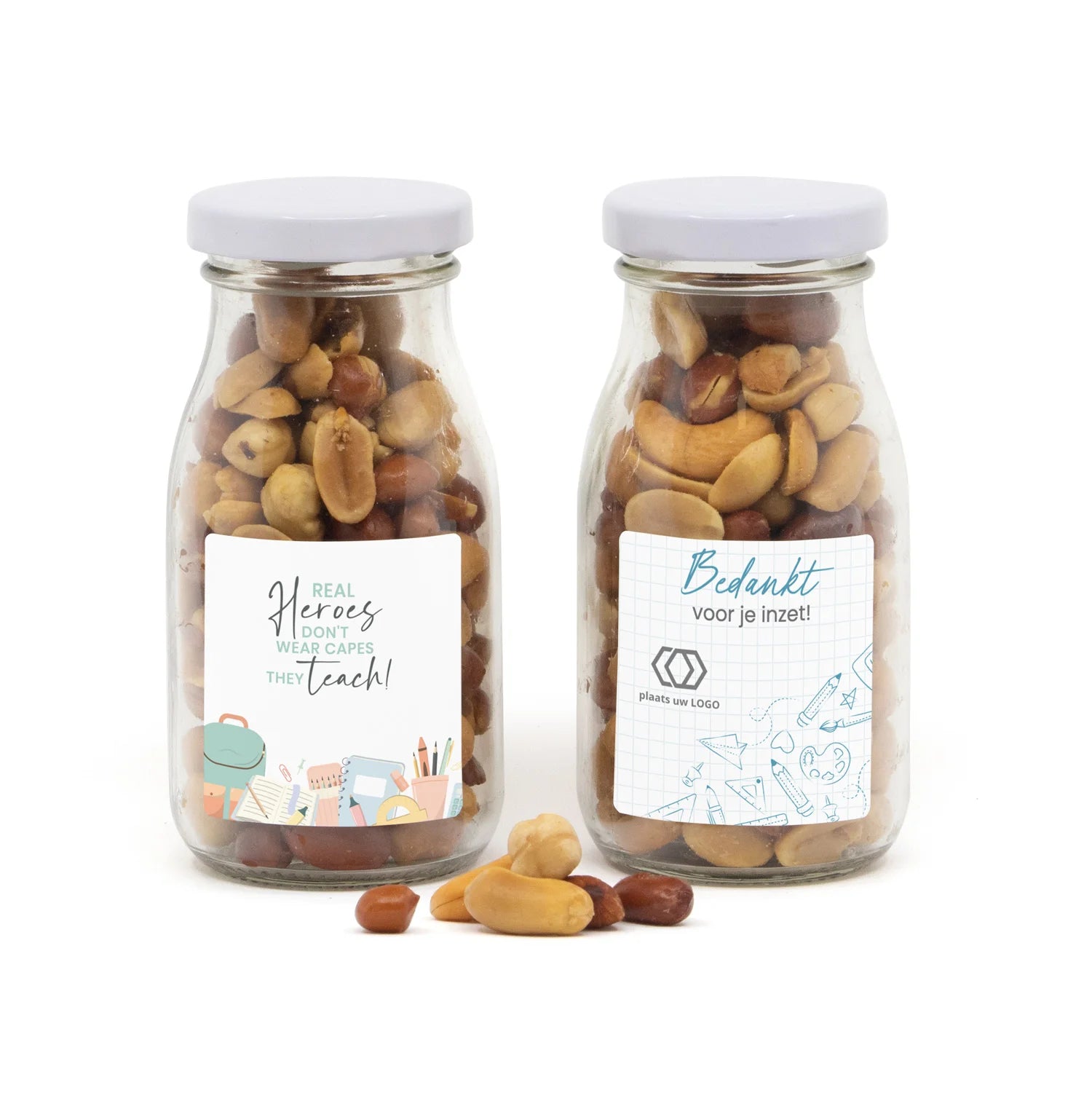 Glazen melkflesje met verse nootjes - Leraar - Bedankjes.nl