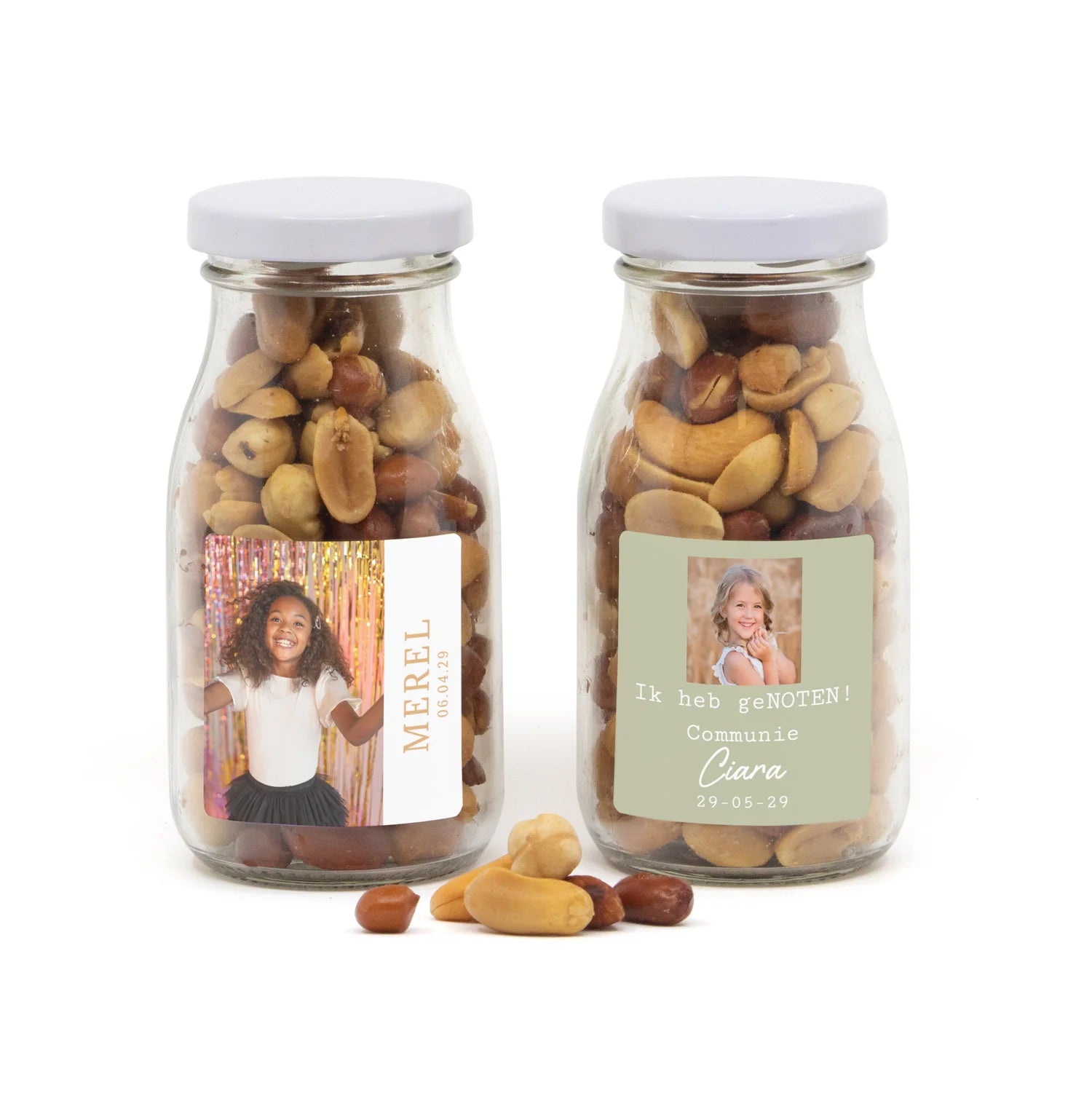 Glazen melkflesje met verse nootjes - Communie meisjes