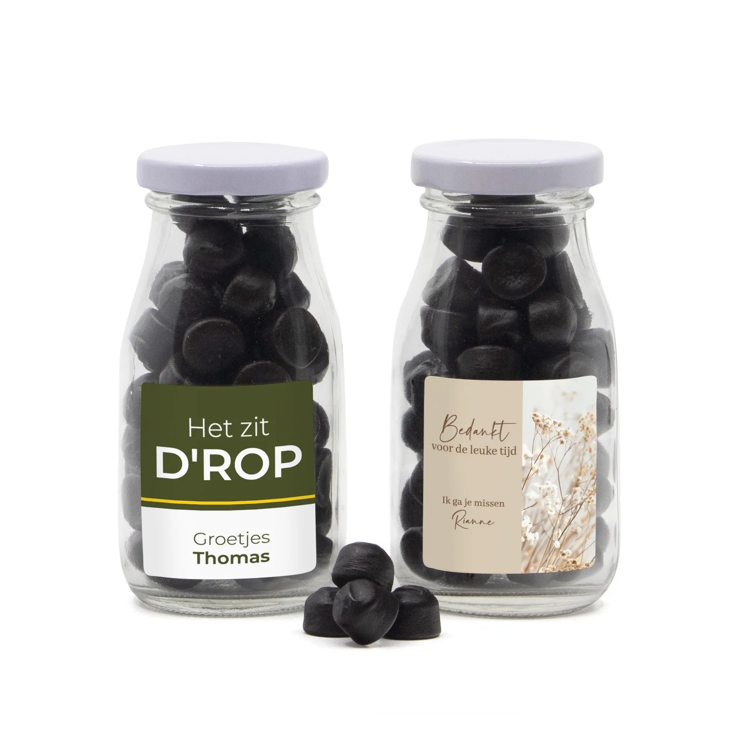 Glazen melkflesje met snoep - Afscheid collega's - Bedankjes.nl