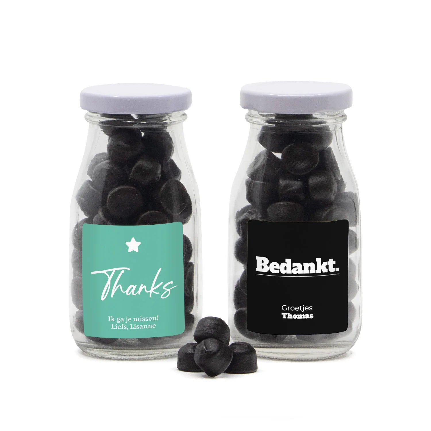 Glazen melkflesje met snoep - Afscheid collega's - Bedankjes.nl