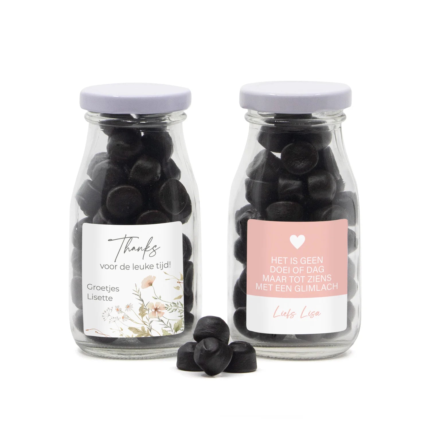 Glazen melkflesje met snoep - Afscheid collega's - Bedankjes.nl