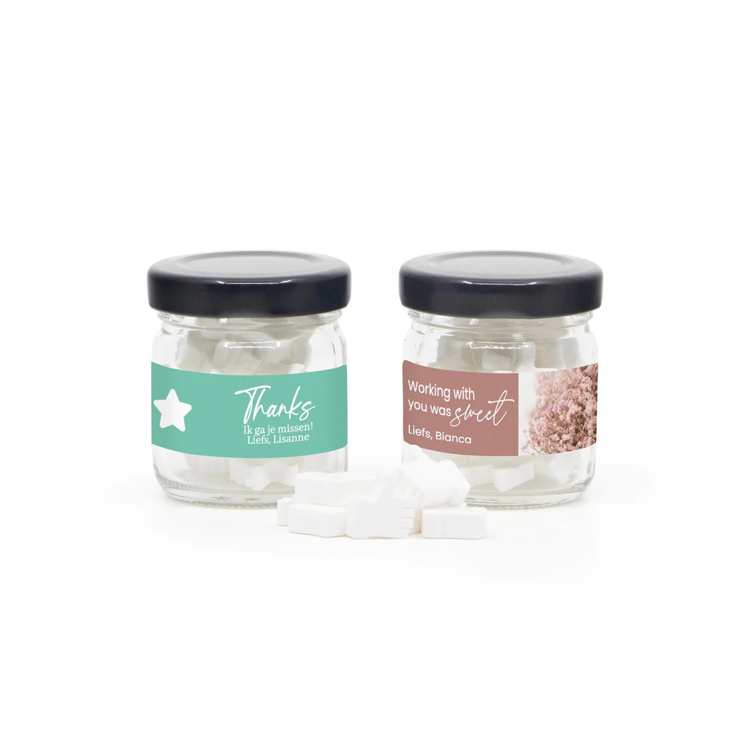 Mini glazen potje met snoep - Afscheid collega's - Bedankjes.nl