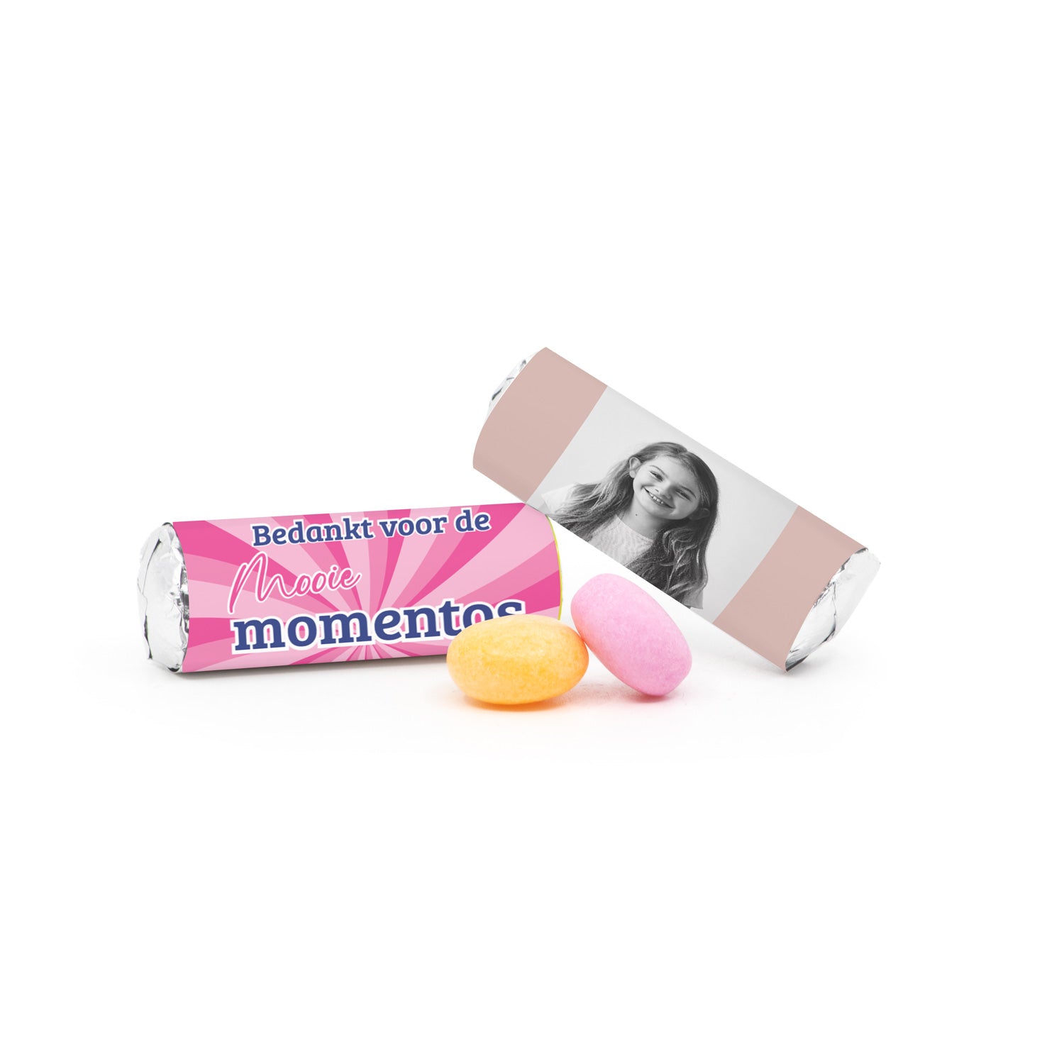 Mini Mentos rolletjes (25 stuks) eigen etiket - Communie meisjes - Bedankjes.nl