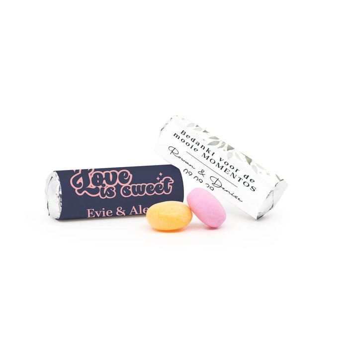 Mini Mentos rolletjes (25 stuks) eigen etiket - Trouwen Mini Mentos rolletjes (25 stuks) eigen etiket - Trouwen