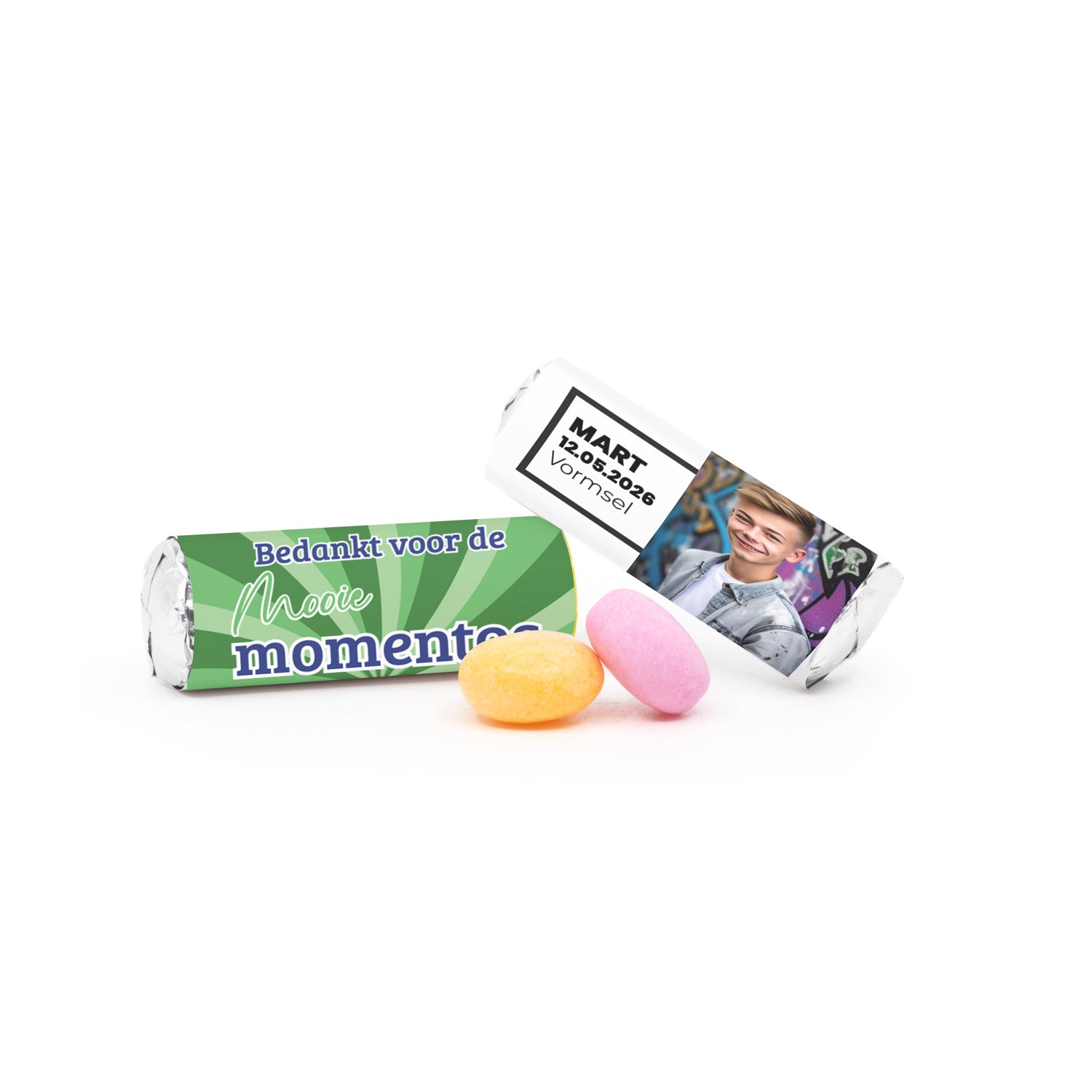 Mini Mentos rolletjes (25 stuks) eigen etiket - Communie jongens - Bedankjes.nl