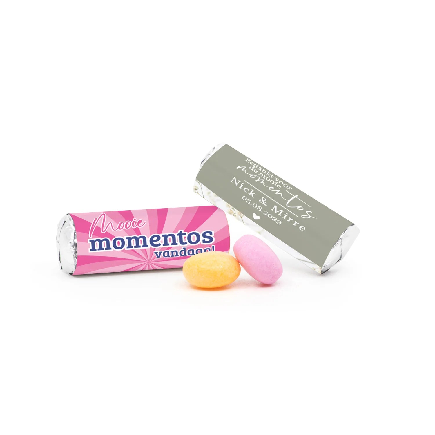Mini Mentos rolletjes (25 stuks) eigen etiket - Trouwen - Bedankjes.nl