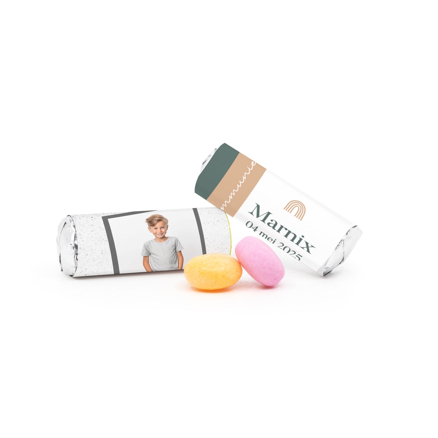 Mini Mentos rolletjes (25 stuks) eigen etiket - Communie jongens - Bedankjes.nl